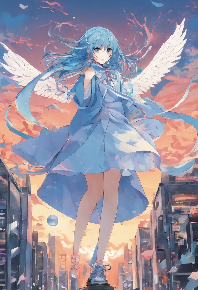 Ark of Tomorrow，a beauty girl，The figure stands on the roof，Long blue hair blown up by the wind，Wear a sweatshirt，There are black leg loops on the legs，Blue eyes，Look down at the camera in your hand，Low saturation，The viewing angle is heads-up，A scene seen from a distance，A little wasteland，Extremely high level of detail，Rich in detail，It was drizzling，