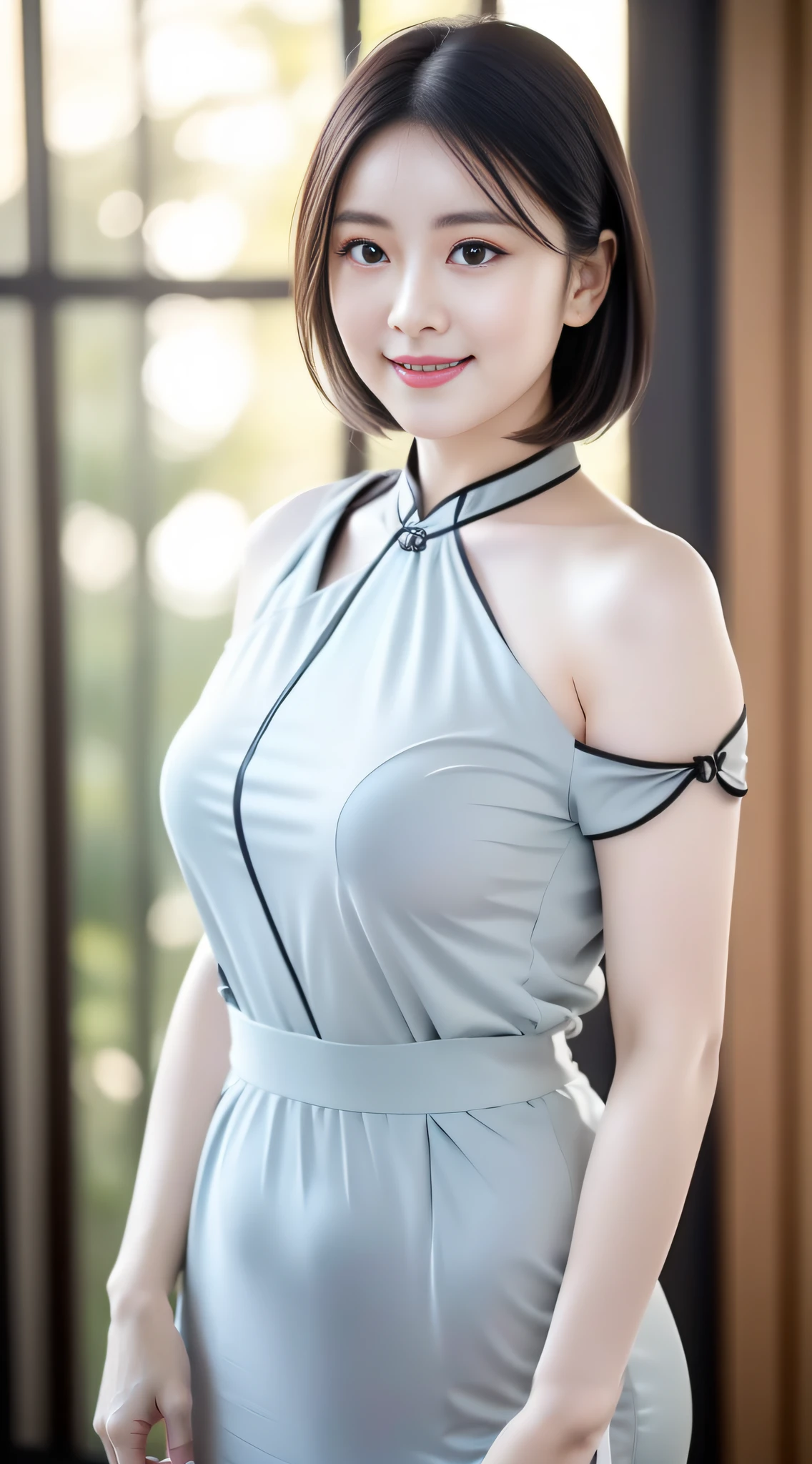 \(8K, RAW photo, Masterpiece:1.2\), \(Realistic, photo-realistic:1.37\), \(ulzang-6500-v1.1\), 1girll, \(Kaziran has large eyes and double eyelids\), \(The facial features are delicate and delicate, Fair skin is rosy, And the cheeks are slightly fat\), \(\(detailed clothes features\)\), Realistic, The audience was in an uproar, Smile sweetly, (Photo background scenery:1.2), , (Slightly chubby),(shoulder-lengthhair:1.4),Curvy, Small and beautiful waist, (Sweet smile), . (Cute girl:1.2), (Mid-chest:1.2),, on cheongsam