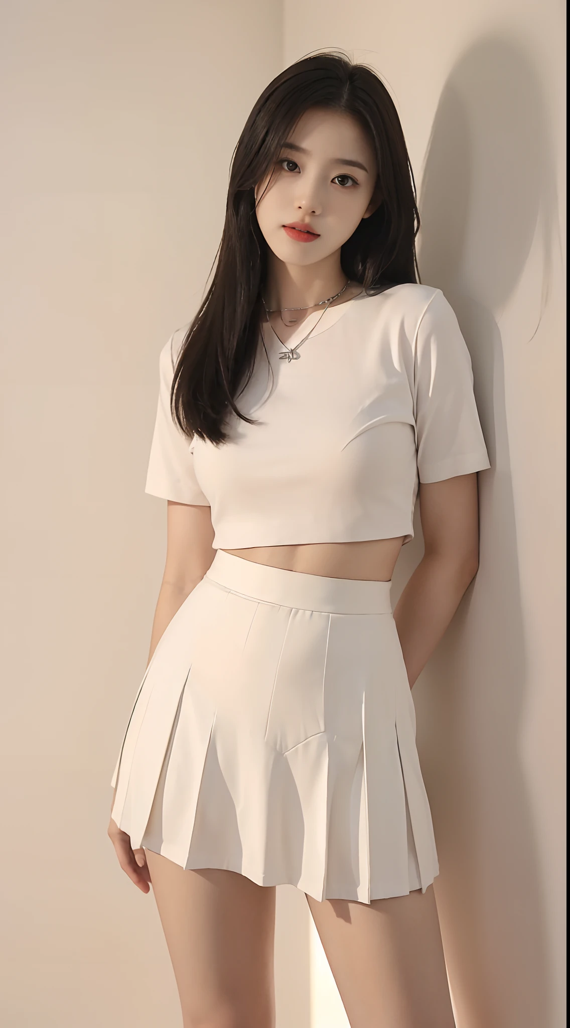 ((best qualtiy, 8K, tmasterpiece:1.3)), Focus:1.2, perfect figure beautiful woman:1.4, Cocked buttocks:1.2, ((exquisite long hair)) , (Interior white wall background）, Highly detailed facial and skin texture, A detailed eye, 二重まぶた，Whiten skin，face fill light，Wear a necklace，roleplaying，JK school uniform，pleatedskirt，black pantyhoses, Baby girl, Pure lust， stand posture，solo person，Full body photo