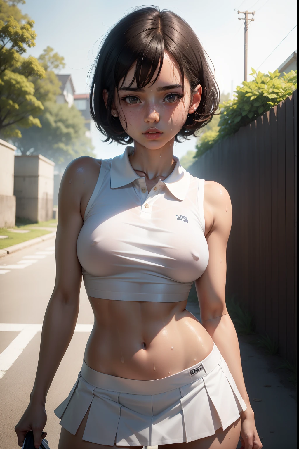 1girl, solo, white polo shirt, white sneakers, tennis wear, white miniskirt, masterpiece, best quality, realistic, hyper-detailed, (shiny skin, sweaty:1.4), absurd, looking at viewer, short black hair, brown eyes, slender, dynamic lighting, high resolution, sharp focus, depth of field, detailed eyes, sharp pupils, realistic pupils, (small breasts:1.6), (thick thighs:1.0), outdoor, sky