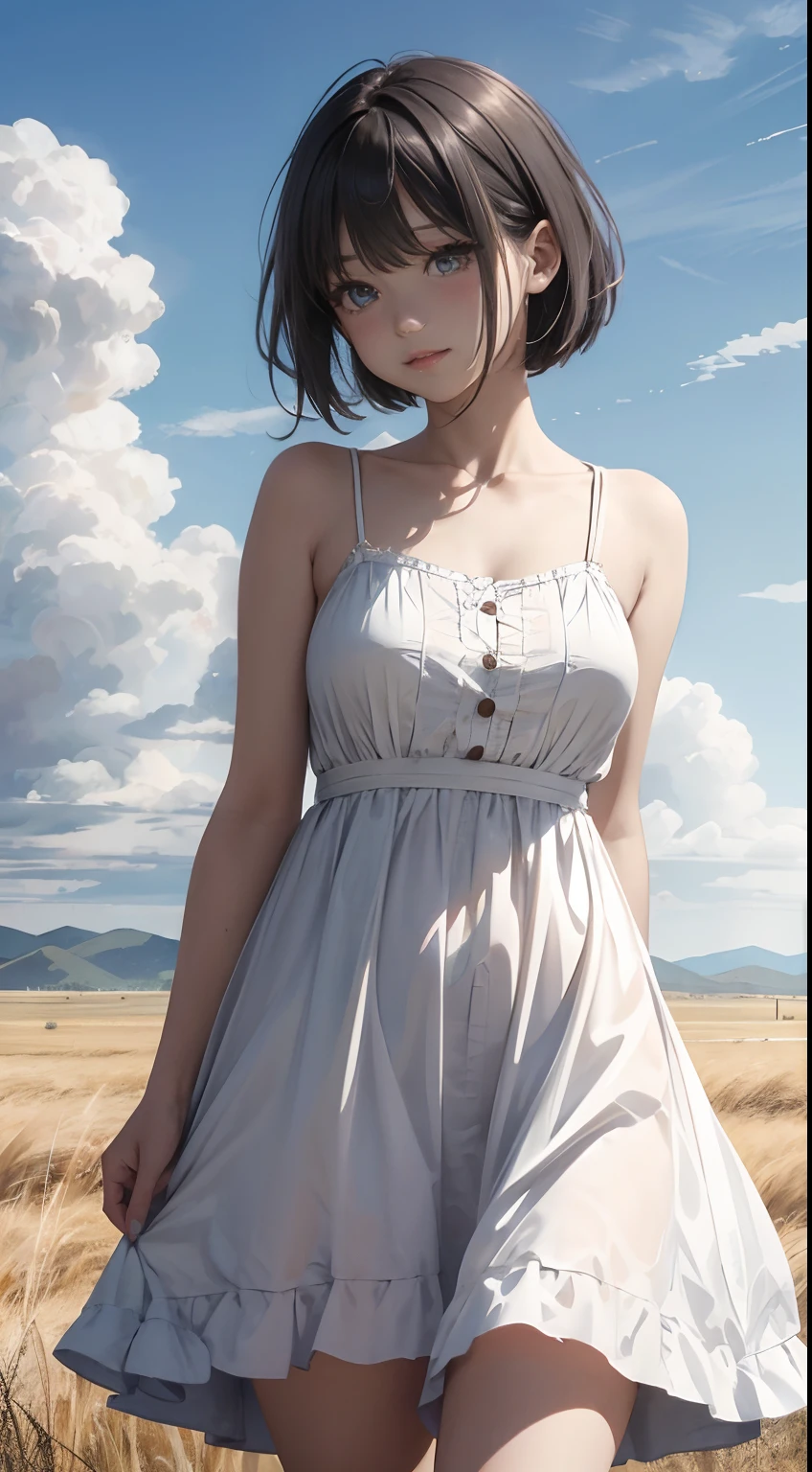 grassy fields、blue open sky、White cumulonimbus clouds、contrail、Fiery sun、The steppe grass sways in the wind、Photoquality、Live action、Realisticity、Transparency、Realistic depiction、8K quality、NFFSW、Digital SLR、high high quality、Film grains、富士XT3、Girl in white camisole dress、Standing posture、Bare legged、Hair swaying in the wind、hair to shoulder、Colossal tits、Big eyes、Medium Bob、