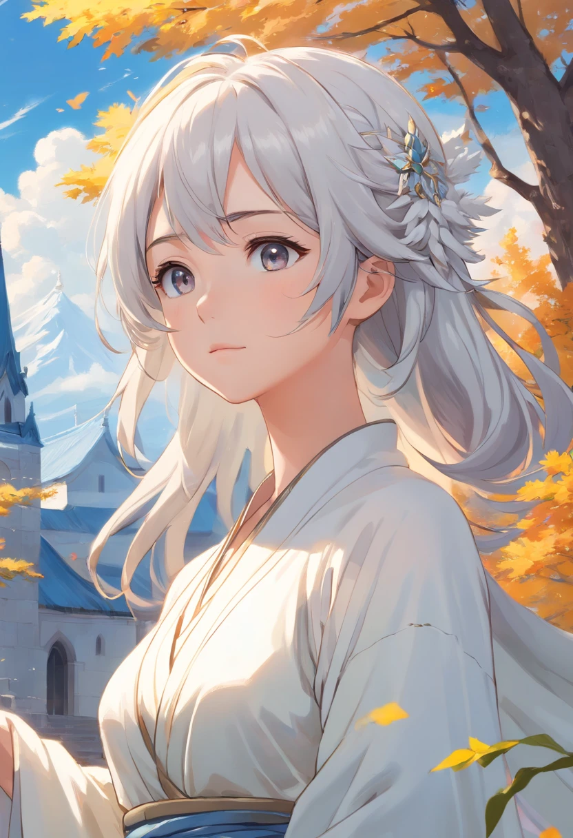 Close-up of a girl in a white dress, White-haired god, Flowing white robe,flowing magical robe, Nine tails, wearing a long flowing robe,Fox ears,fox demon,highly detailed,((tmasterpiece)),(impasto),iintricate,church painting,(((1个Giant Breast Girl))))Picture frame,fanciful,Exquisite steppe,sorceress woman,Shepherds have gray hair,(Nice face),Beautiful detailed face,Extremely delicate and beautiful girl,Under a big tree,sunny clear sky,ventania,beautiful sky,cumulus cloud