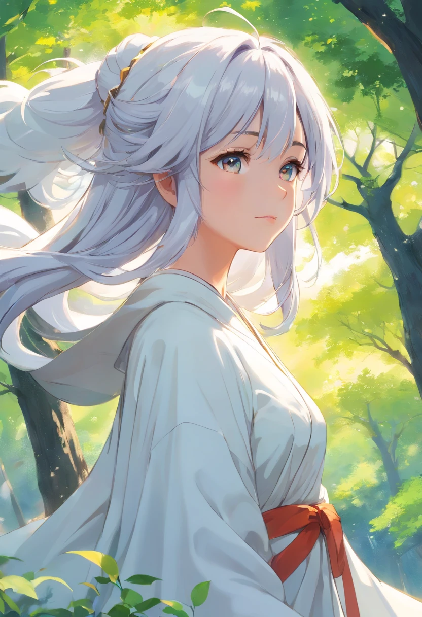 Close-up of a girl in a white dress, White-haired god,  Flowing white robe,flowing magical robe, Nine tails, wearing a long flowing robe，Fox ears，fox demon，highly  detailed，（（tmasterpiece）），（impasto），iintricate，church painting，（（（1个Giant Breast Girl））））Picture frame，fanciful，Exquisite steppe，sorceress woman，Shepherds have gray hair，（Nice face），Beautiful detailed face，Extremely delicate and beautiful girl，Under a big tree，sunny clear sky，ventania，beautiful sky，cumulus cloud