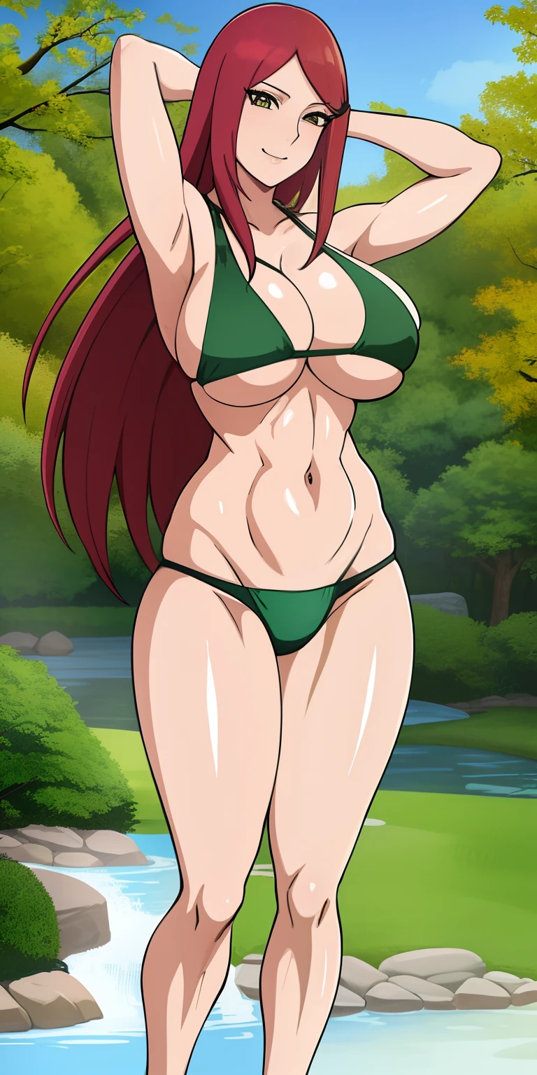 uzumaki_kushina, large_breasts, standing, solo, kushina_green_bikini, masterpiece, best quality, detailed face, detailed eyes, highres, smile, onsen, sakura trees, green bikini, green underwear, big boobs, full body view, sexy figure, good anatomy, looking at the viewer, milf, large breasts