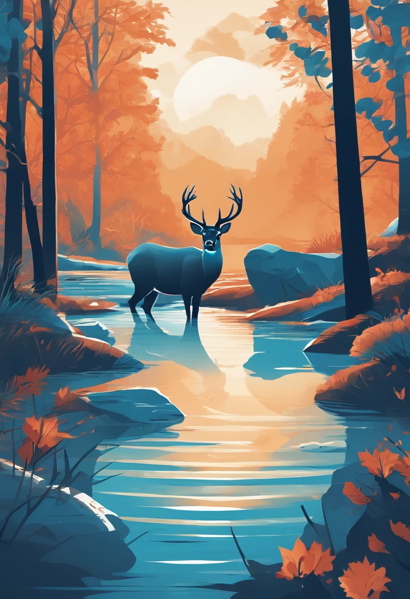 Flat illustration style，Solar term cold dew，Glass blue，Water，A deer，algidity，Non-realistic，Business posters