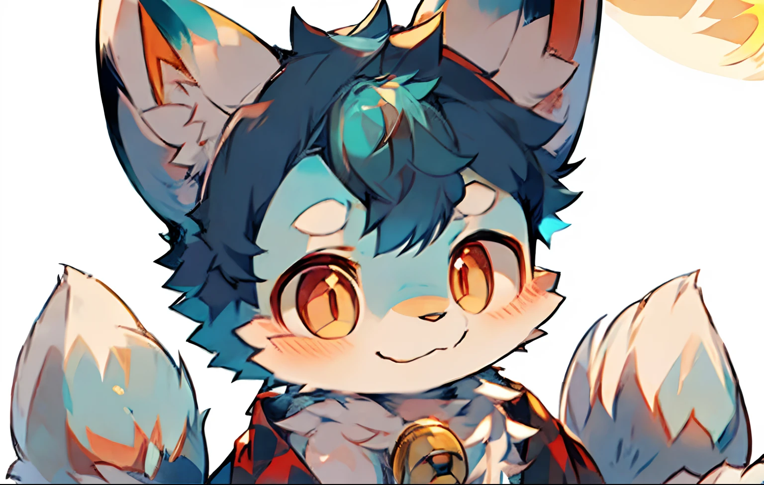 White fur，Princess Snow White，Cat ears，fox tails，Red pupils，Little bell，Sweet smile，sun shining，Cute Boy，Baby-like face, Blue hair