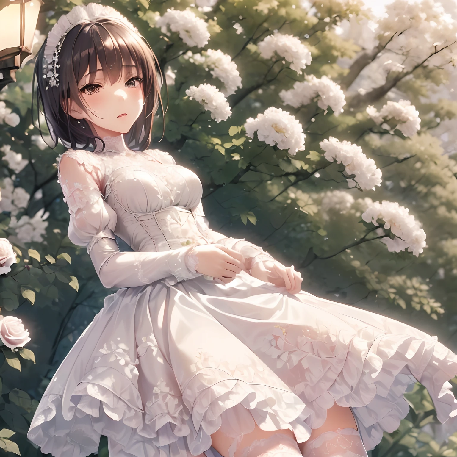 ((masterpiece)),((best quality)),(ultra-detailed),(illustration),((an extremely delicate and beautiful)),(dynamic angle), 1girl, flowers, spring, beside window, rose, detailed face, long eyelashes, flower in eye, frilled sleeves, corset, tiara, princess, brown eyes, clear sky, daylight, sunny, white and light blue dress, flowers, hair ornament, white lace-trimmed legwear, (lo classical:1.4), bride, classical dress, Clothes are exquisitely embroidered,