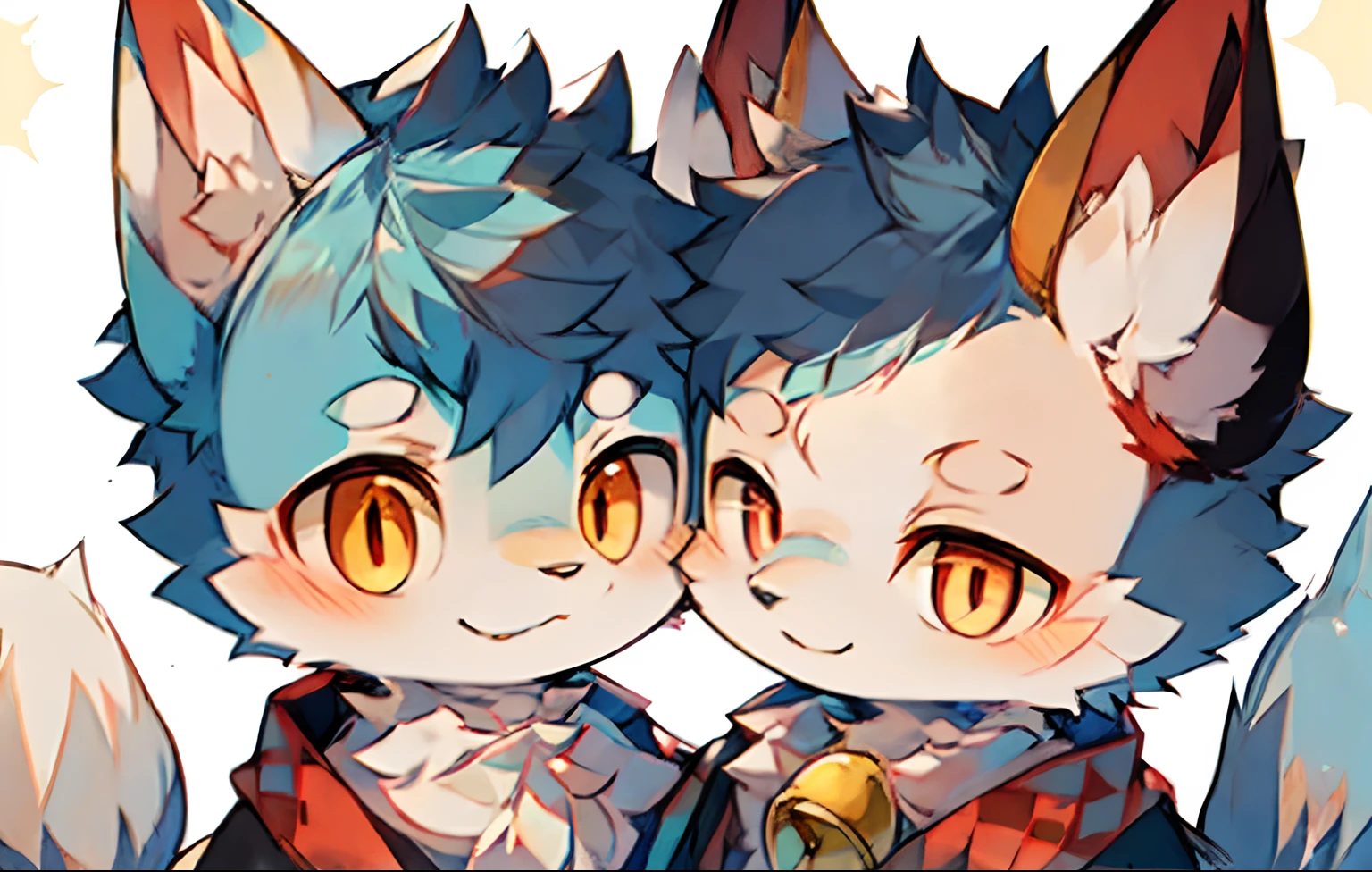 White fur,Princess Snow White,Cat ears,fox tails,Red pupils,Little bell,Sweet smile,sun shining,Cute ,Babke face, Blue hair