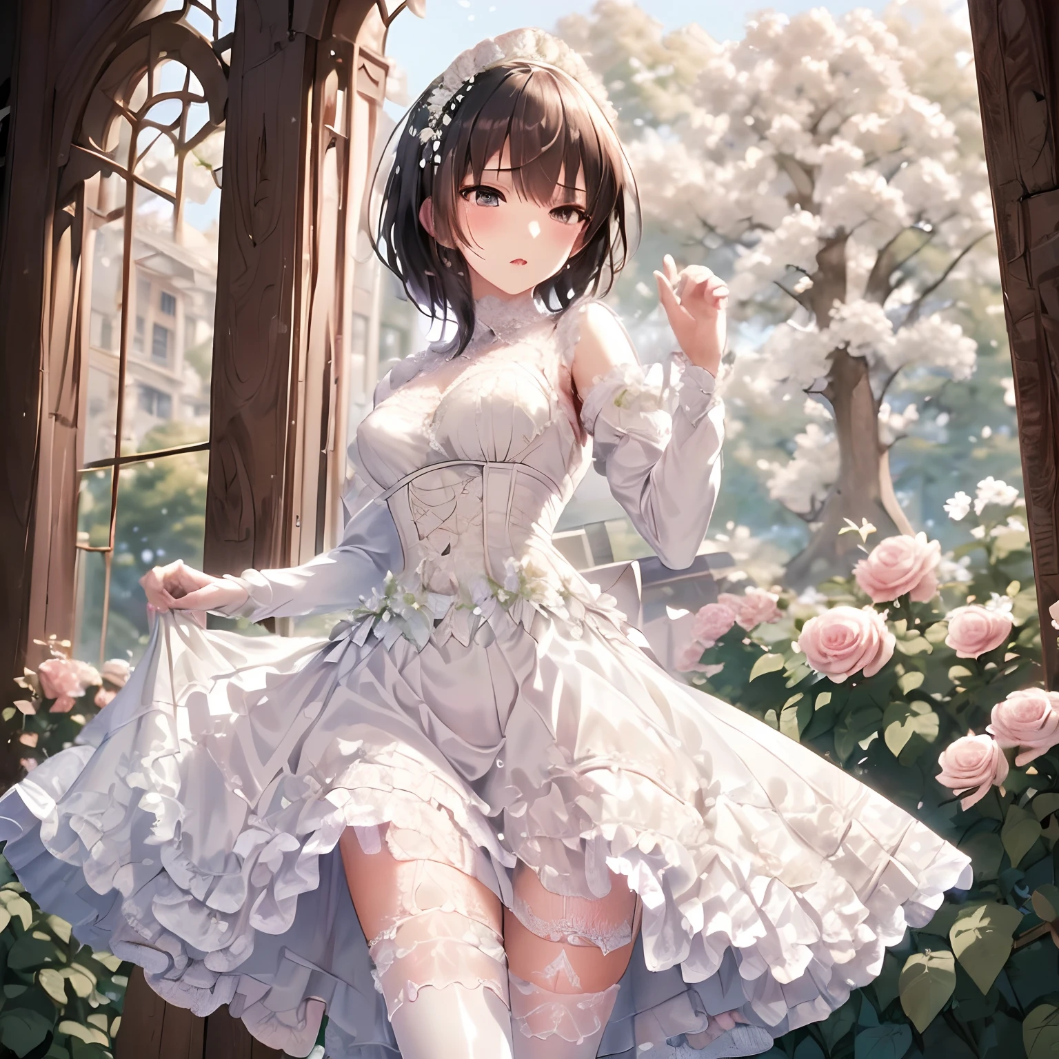 ((masterpiece)),((best quality)),(ultra-detailed),(illustration),((an extremely delicate and beautiful)),(dynamic angle), 1girl, flowers, spring, beside window, rose, detailed face, long eyelashes, flower in eye, frilled sleeves, corset, tiara, princess, brown eyes, clear sky, daylight, sunny, white and light blue dress, flowers, hair ornament, white lace-trimmed legwear, (lo classical:1.4), bride, classical dress, Clothes are exquisitely embroidered,