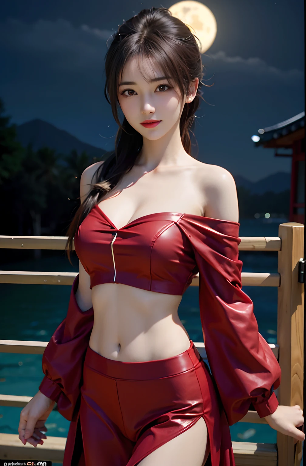full hd 8k, Girl standing in front of a dark night scene, full moonlight reflecting on her beautiful face. Her long, silky hair was gently blown by the night wind, creating a gentle and romantic feeling. She is walking on a large beach. She looked up at the starry sky, as if searching for something, her eyes showing a pensive and lonely look. The full moon shines in the night sky creating a beautiful scene. The girl has long, silky hair, creating a luxurious and noble beauty. The moonlight shines on the girl's delicate face, highlighting her large, round light brown eyes, creating a natural, gentle beauty. She wore a small sexly red bikini to create a sexy beauty. Her plumble breasts were exposed, revealing her plumble and extremely sexy breasts. These images capture detailed panoramic portraits and views of the sky and sea. All create a beautiful, wonderful picture that makes people unable to take their eyes off the scene. All of these details are depicted clearly and sharply, creating sexyly poses,