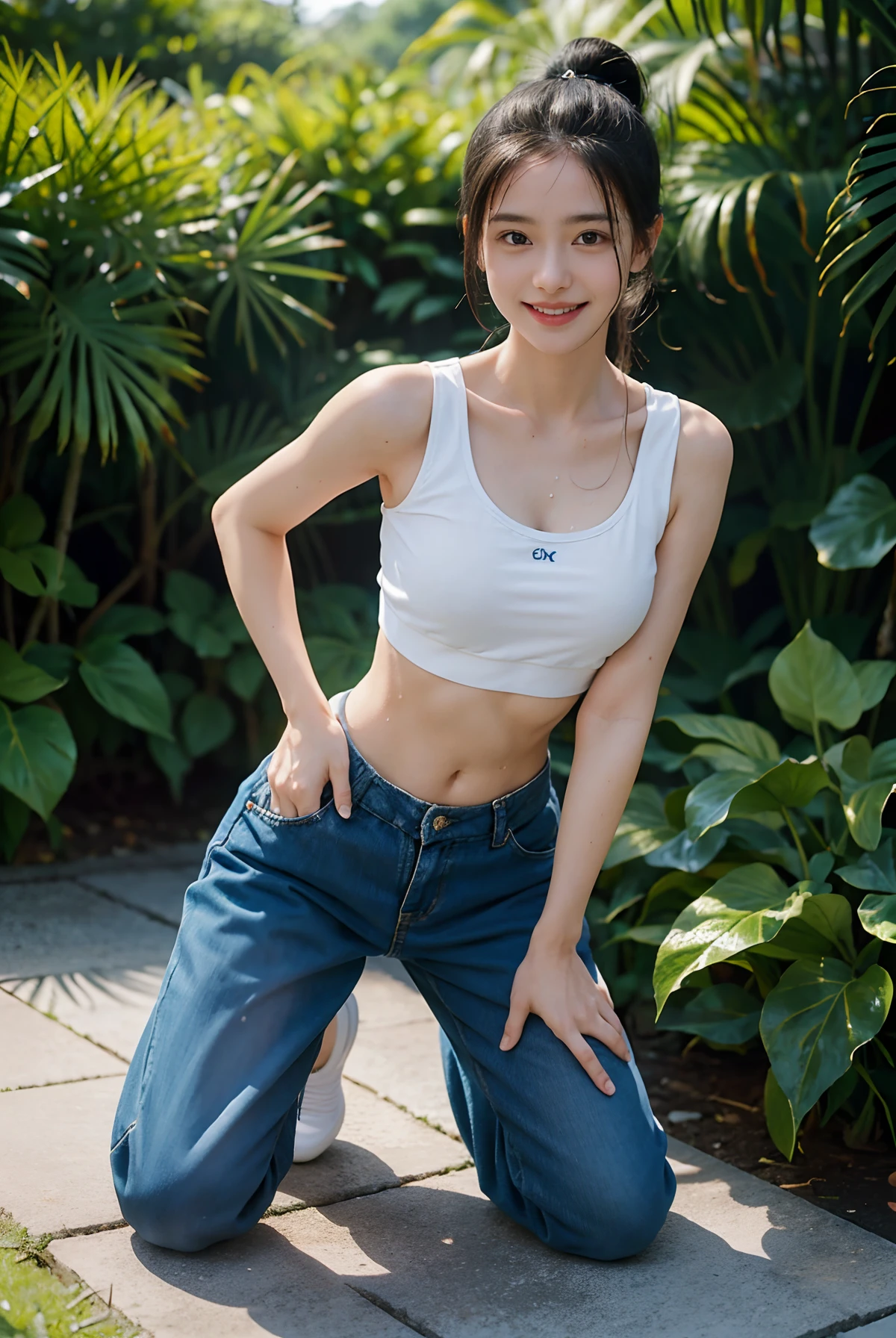A girl, kneeling on the garden ground earth, ((full body visible)),
She is a beautiful, pretty, adorable, cute, young, teen.
She is slim, slender, petite, skinny, (flat chest), (tiny boobs), (small breasts).
She is sweating, wet, soaked. Clothes transparent, sweat on skin, wet hair.
She is grinning, smiling. She looks natural, relaxed, unpretentious.
She stares, looking at viewer.
She has a black ponytail.
She wears school uniform, a rolled-up white shirt with blue collar, a colored Corduroy sport bra under shirt, blue shorts, wearing two layers.
shirtlift, . (((She lifts up her shirt, showing off her sports bra underneath))).
Camera focused on her face, light on face, very large aperture, ((f/1.2)), shallow depth-of-field, strong background lens blur, ISO 3000, auto white balance,
Extremely detailed, professional lighting, soft light, raw photo, fashion model for uniqlo,
best quality, masterpiece, award-winning photography, huge filesize, 8k, highres,
shot on Sony DSLR. Happy smile, in bed, jungle, botanical garden, beach