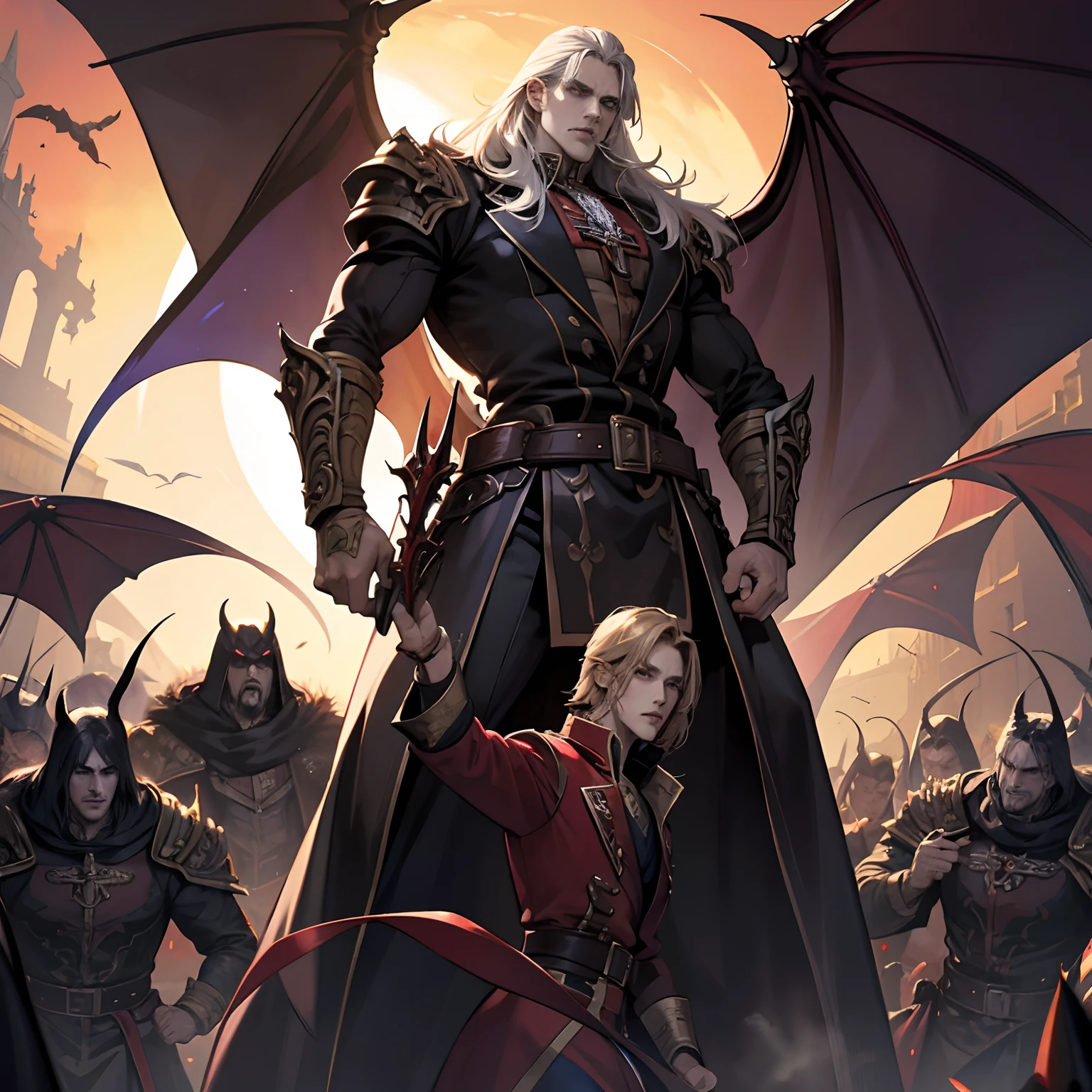 Castlevania Shadow Lord handsome muscular Lord Dracula leading troops armed with demons to war hyper realistic super detailed Dynamic pose super detailed faces hyper realistic super detailed