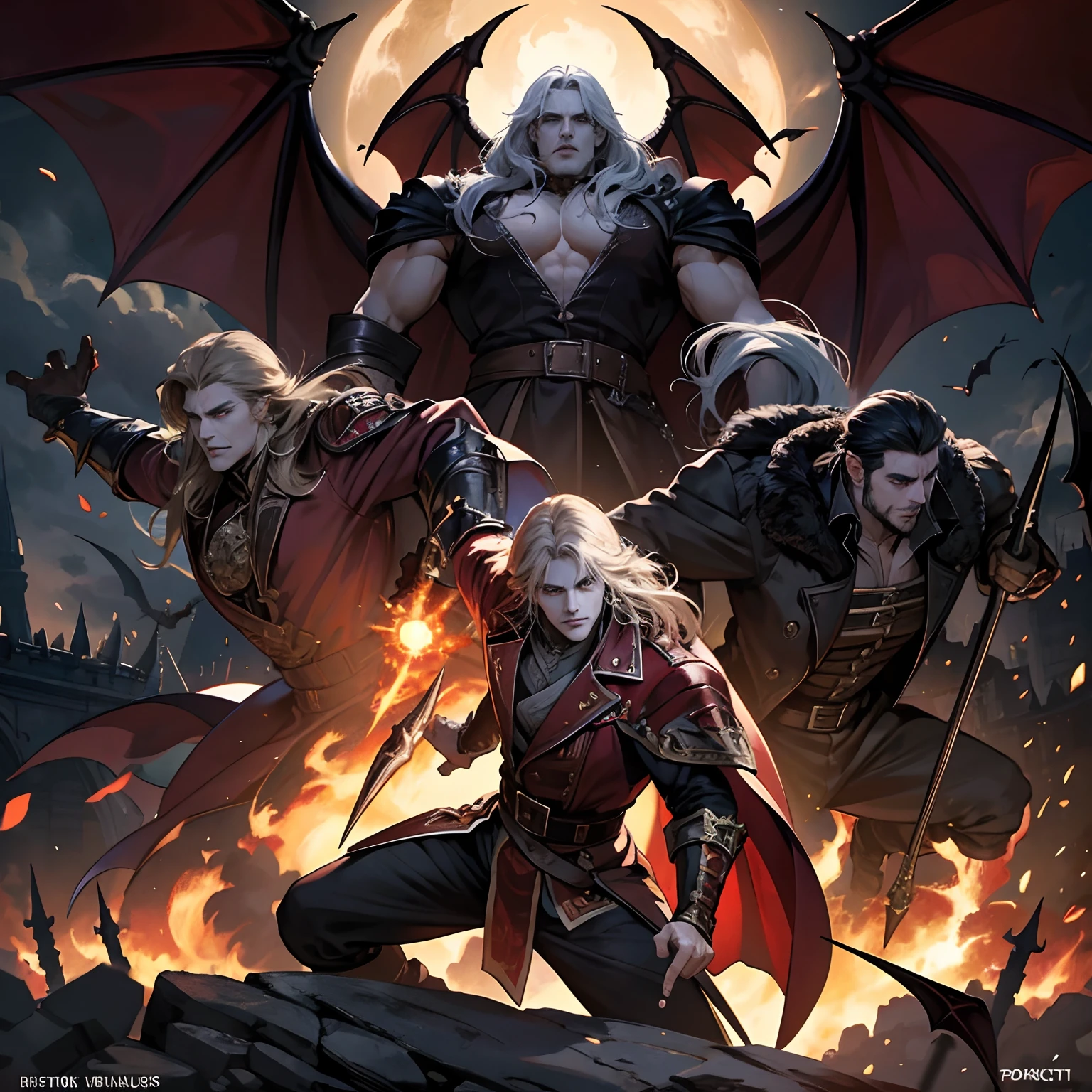 Castlevania Shadow Lord handsome muscular Lord Dracula leading troops armed with demons to war hyper realistic super detailed Dynamic pose super detailed faces hyper realistic super detailed