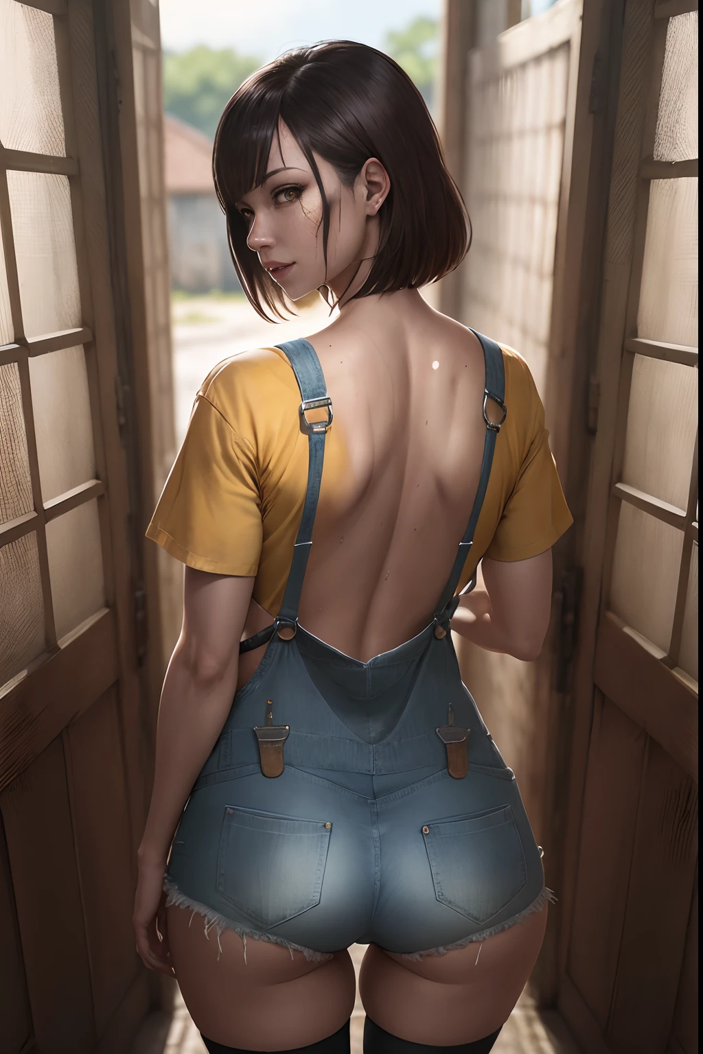 Prison School, Hana Midorikawa realistic version, usando uma roupa provocante, open prison overalls, sweaty punctuated medium breasts, rosto suado, yellow iris eyes, caia colegial curta voando, sensuality and elegance, pose para foto, estilo garota de anime Ecchi, super realista e detalhada, Prison saddle, cabelos laranja curto reto com franja curta e reta, sorriso pervertido, olhar pervertido, Full HD, melhor qualidade, uma obra prima, profesional lighting, estilo realista, (view from behind)