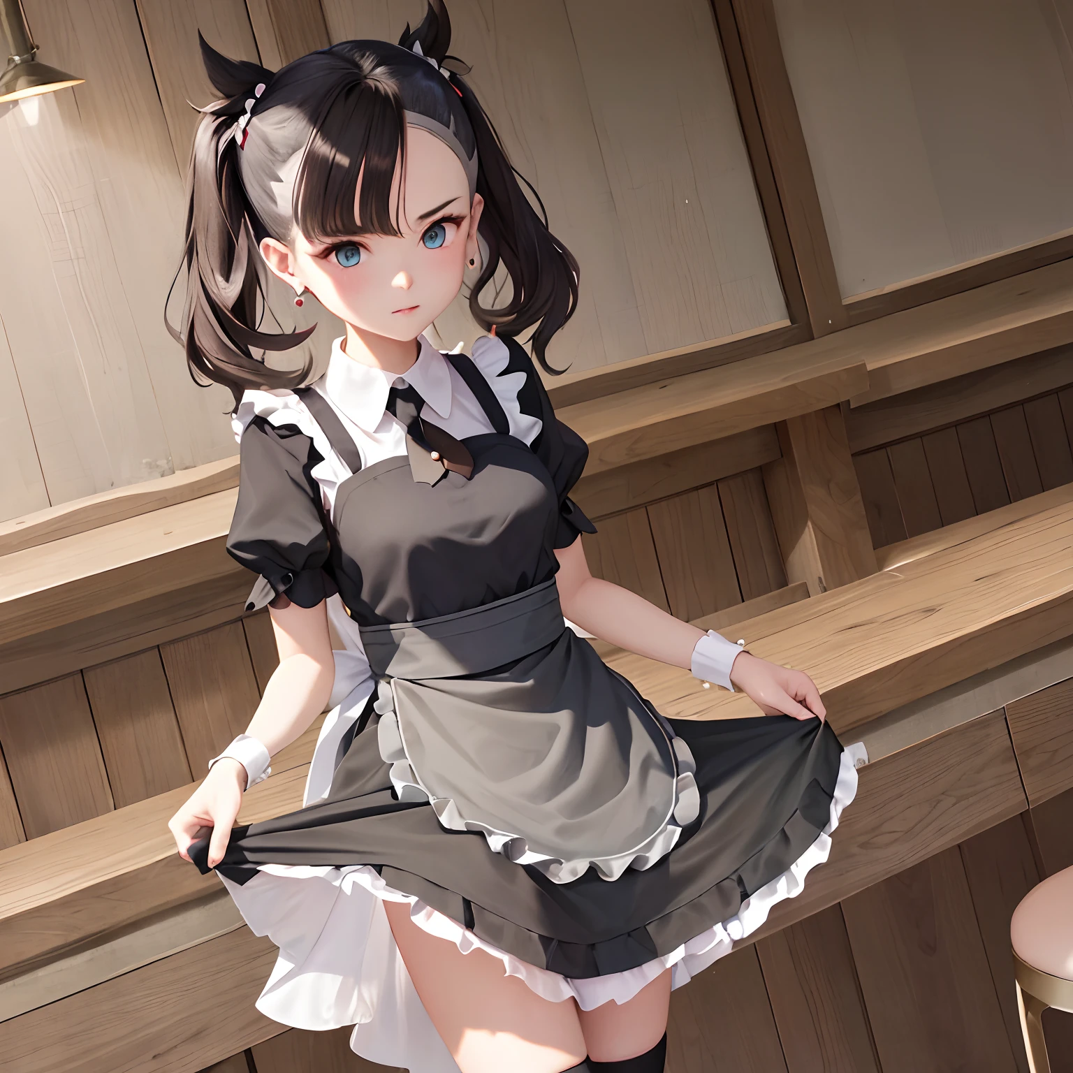 "Hmmarnie, aqua eyes, hair ornament, earrings, delicate jewelry, vertical-striped dress, black apron, short sleeves, wrist cuffs, black thigh-highs, blush, model-esque appearance, lifting skirt reviling panties, serving drinks, in a maid café setting."