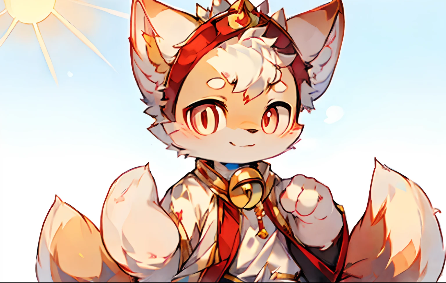 White fur，Princess Snow White，Cat ears，fox tails，Red pupils，Little bell，Sweet smile，sun shining，Cute Boy，Baby-like face。