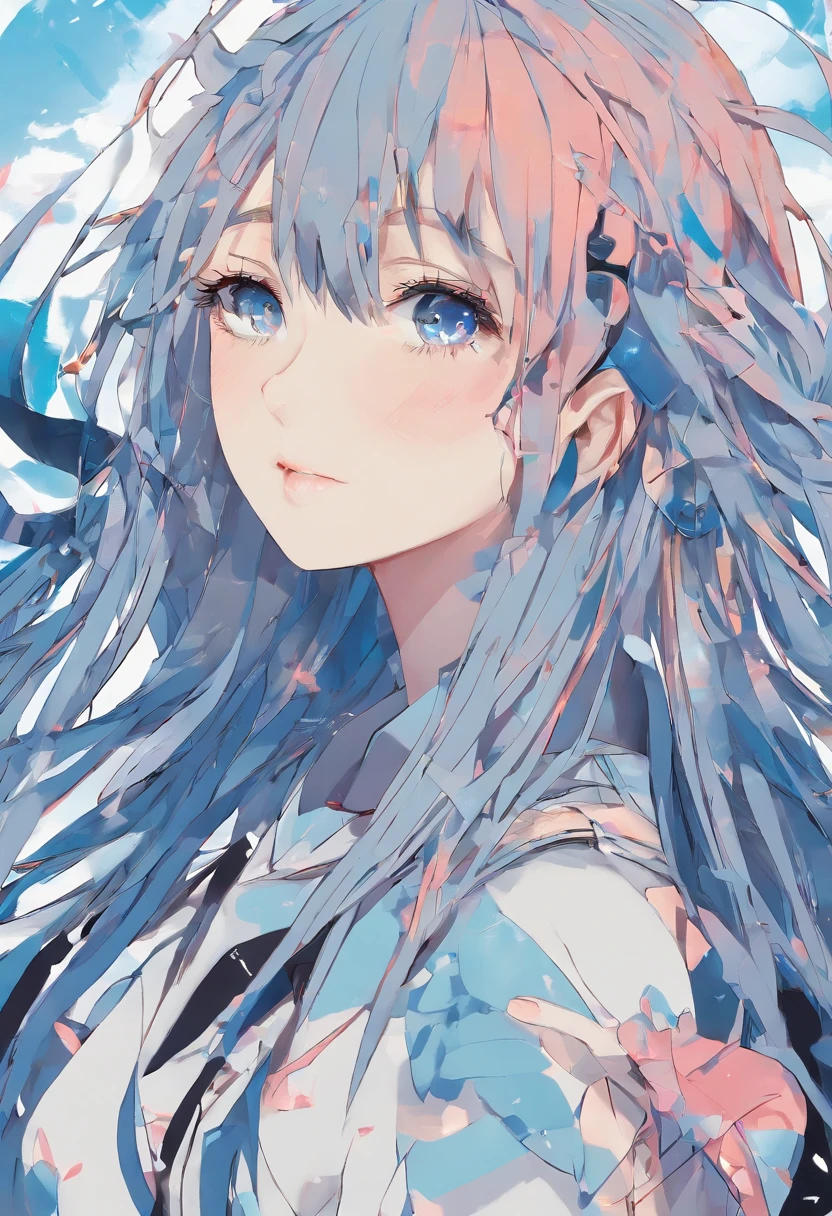 Ark of Tomorrow,a beauty girl,The figure stands on the roof,Long blue hair blown up by the wind,Wear a sweatshirt,There are black leg loops on the legs,Blue eyes,Look down at the camera in your hand,Low saturation,The viewing angle is heads-up,A scene seen from a distance,A little wasteland,Extremely high level of detail,Rich in detail,It was drizzling,