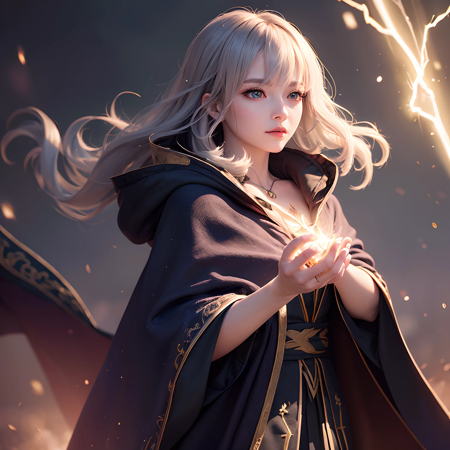 (Skindentation:1.5)、reallistic、Photorealsitic、(masuter piece:1.5)、Concept art、intricate-detail、A highly detailed、Photorealsitic、Octane Rendering、8k、Unreal Engine、Dynamic Pause、top-quality、hight resolution、(lifelike face:1.1)、 (surrealistic:1.1)、perfect eyes、(shinny skin:1.2)、(((hairstyle on)))、(((perfect hand)))、(highly detailed back ground)、((Moving background) )、((lightning))、(llight rays)、((1woman))、I'm wearing a cloak、(((flowing cloak)))、((finely eye、quality eyes、Quality face))、(extremely intricate robes、magical robe)、short-hair、lightning、electricity、swirling fire、Radiant power、spark of light、fumo、magia、((Dramatic))、epicd、battle field、depth of fields、Bokeh、4k、gotik、embers、particle