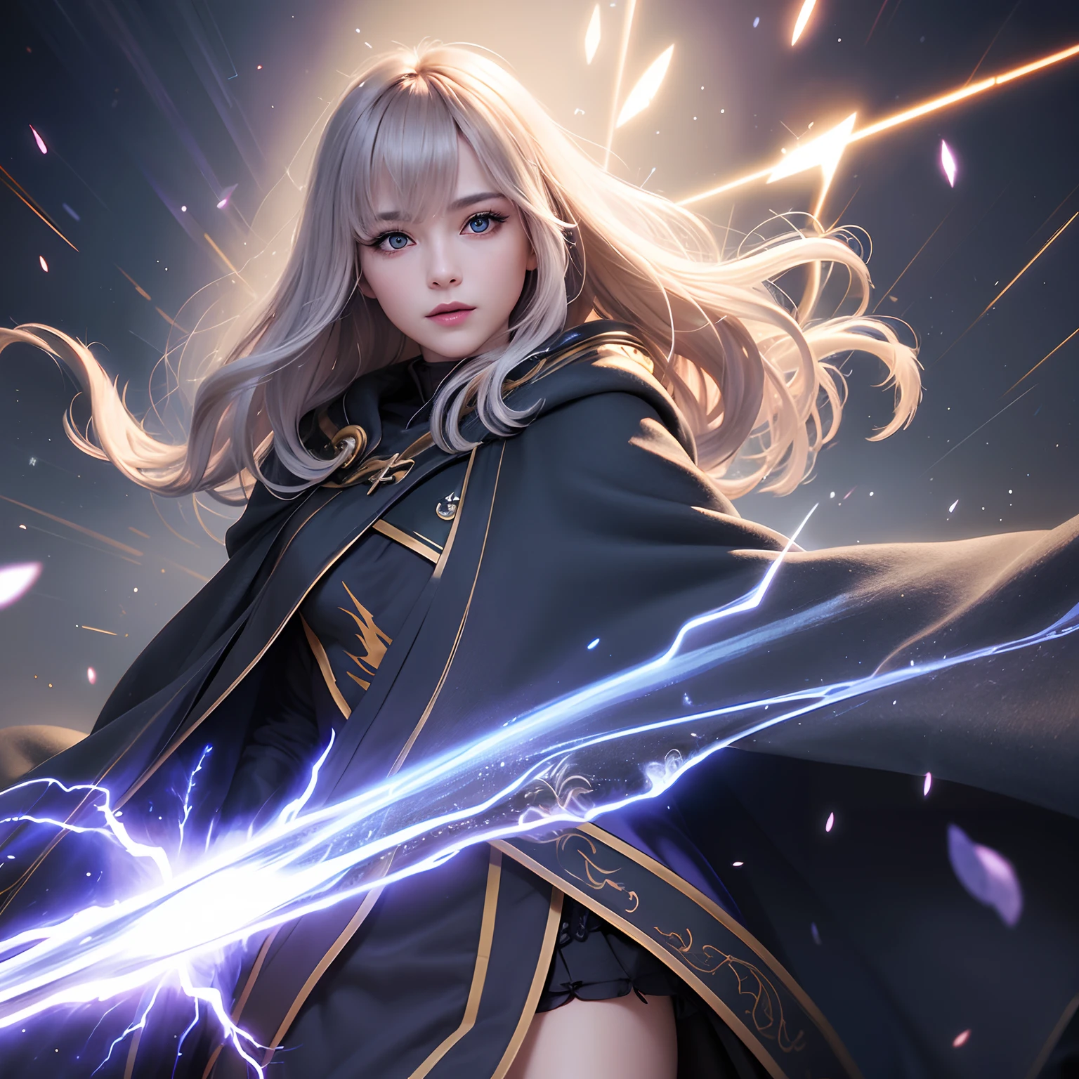 (Skindentation:1.5)、reallistic、Photorealsitic、(masuter piece:1.5)、Concept art、intricate-detail、A highly detailed、Photorealsitic、Octane Rendering、8k、Unreal Engine、Dynamic Pause、top-quality、hight resolution、(lifelike face:1.1)、 (surrealistic:1.1)、perfect eyes、(shinny skin:1.2)、(((hairstyle on)))、(((perfect hand)))、(highly detailed back ground)、((Moving background) )、((lightning))、(llight rays)、((1woman))、I'm wearing a cloak、(((flowing cloak)))、((finely eye、quality eyes、Quality face))、(extremely intricate robes、magical robe)、short-hair、lightning、electricity、swirling fire、Radiant power、spark of light、fumo、magia、((Dramatic))、epicd、battle field、depth of fields、Bokeh、4k、gotik、embers、particle