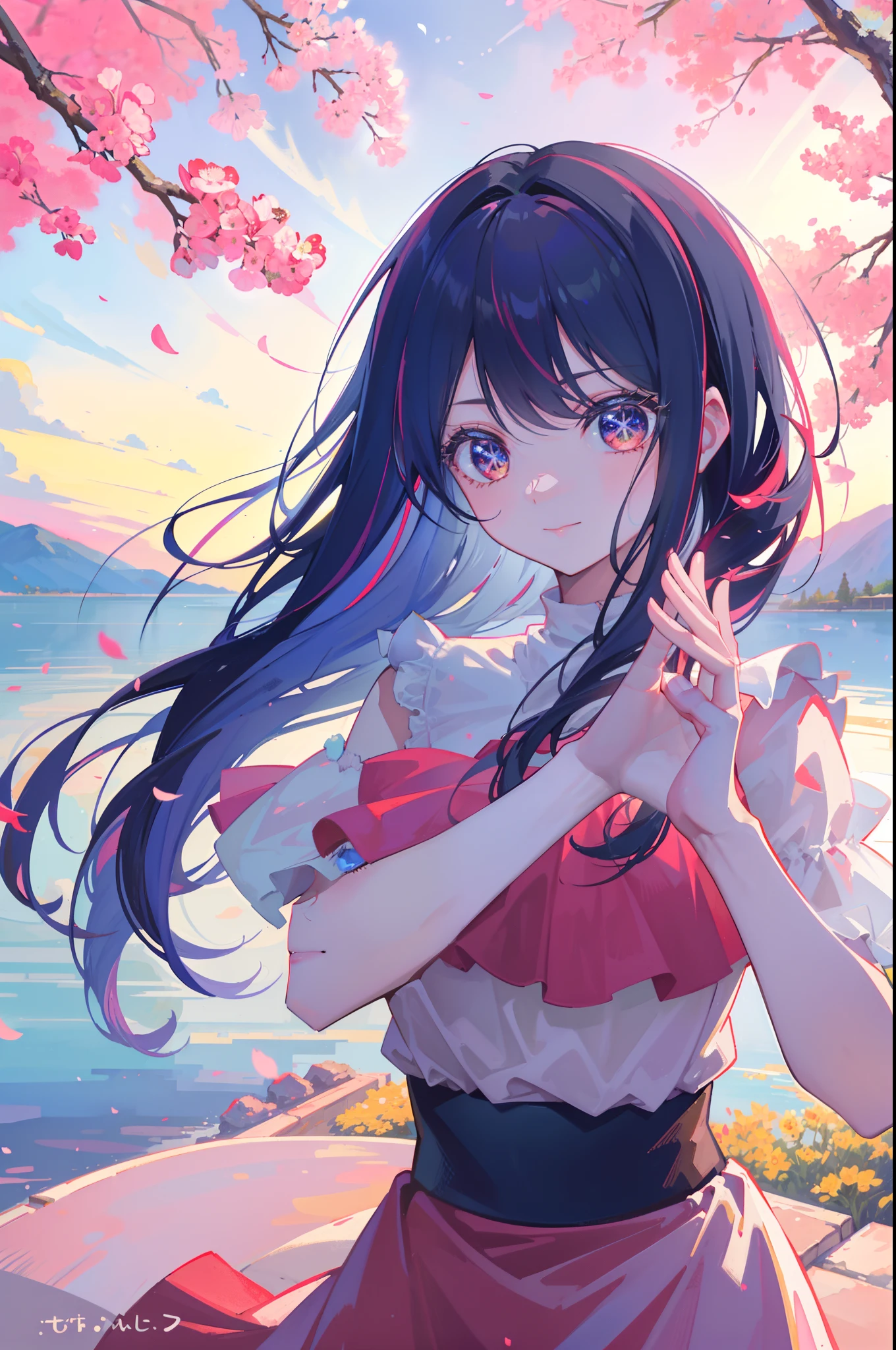 (Best quality,4K,8K,A high resolution，tmasterpiece:1.2),Photorealsitic, Koi, the cherry trees, sunraise、the sunset, Light and shadow interlace, Soft sunshine, Delicate brushstrokes, Lifelike flowers, Clear texture, detailed outfits, Bright colors, Depth of field effect, Harmonious composition, Beautiful gesture, Enchanting dance, Soften the edges, posing elegantly, Velvety sheen, Brilliant and colorful colors, Delicate facial expressions, Colorful air particles，Secluded background music。petty face，ssmile