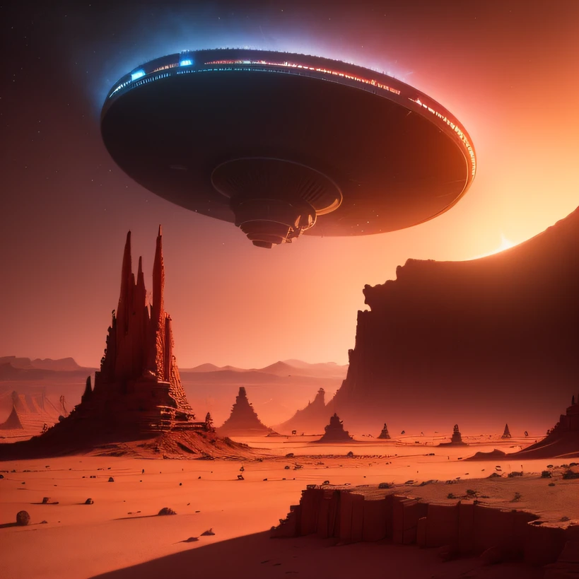 Alien base (Very detailed) In the mountainous desert,There are several exhaust fans and chimneys, Some spotlights come out of the base to illuminate dark places, (Extreme nights), Some clouds in the night sky, Some of the surrounding planets provide air to unknown planets,The farthest giant volcano is erupting