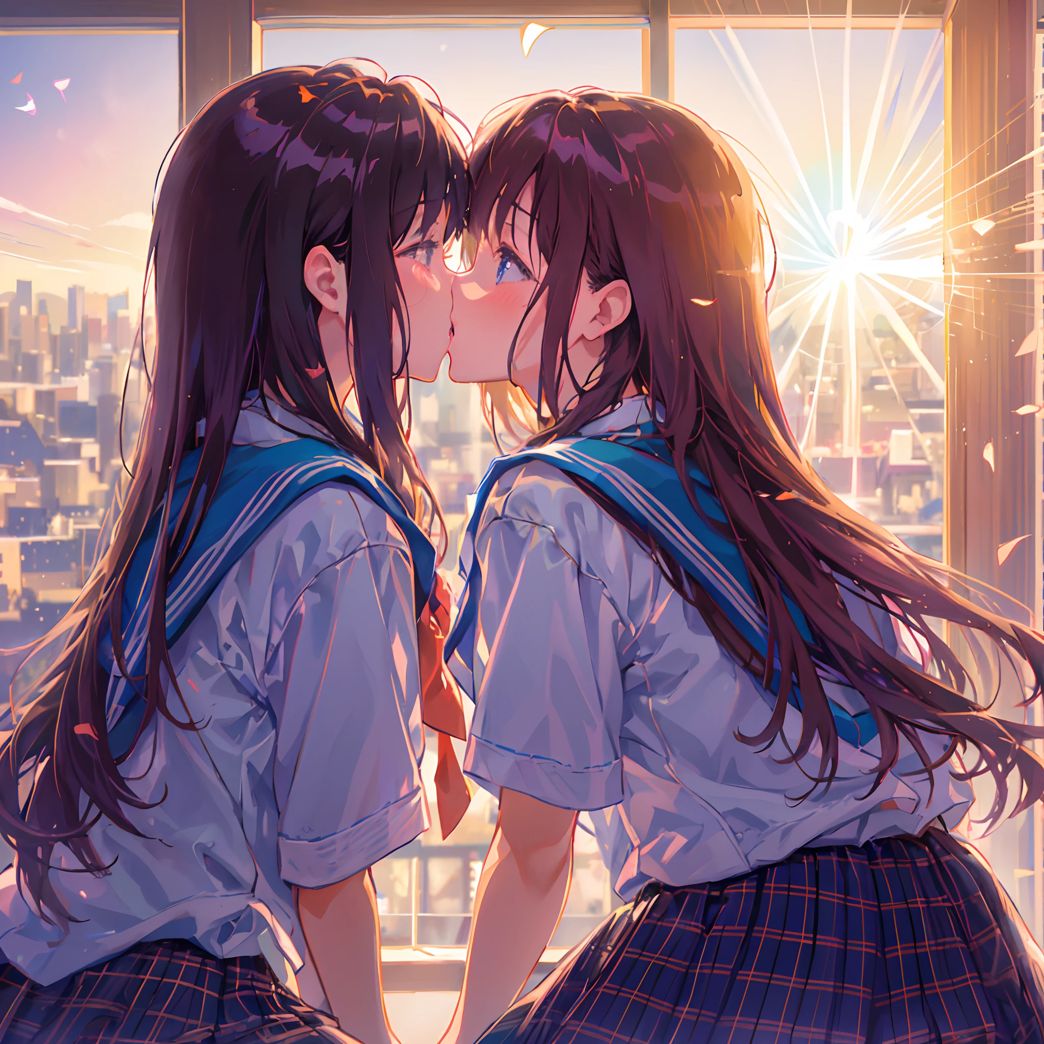 Anime image of two girls kissing in front of the window, kissing together cutely, two beautiful anime girls, official artwork, guweiz and makoto shinkai, high detailed official artwork, sakimichan and makoto shinkai, kiss together, ( ( By Shinkai Makoto ) ), kyoto animation still, Smooth Anime CG Art