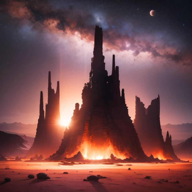 Alien base (Very detailed) In the mountainous desert,There are several exhaust fans and chimneys, Some spotlights come out of the base to illuminate dark places, (Extreme nights), Some clouds in the night sky, Some of the surrounding planets provide air to unknown planets,The farthest giant volcano is erupting