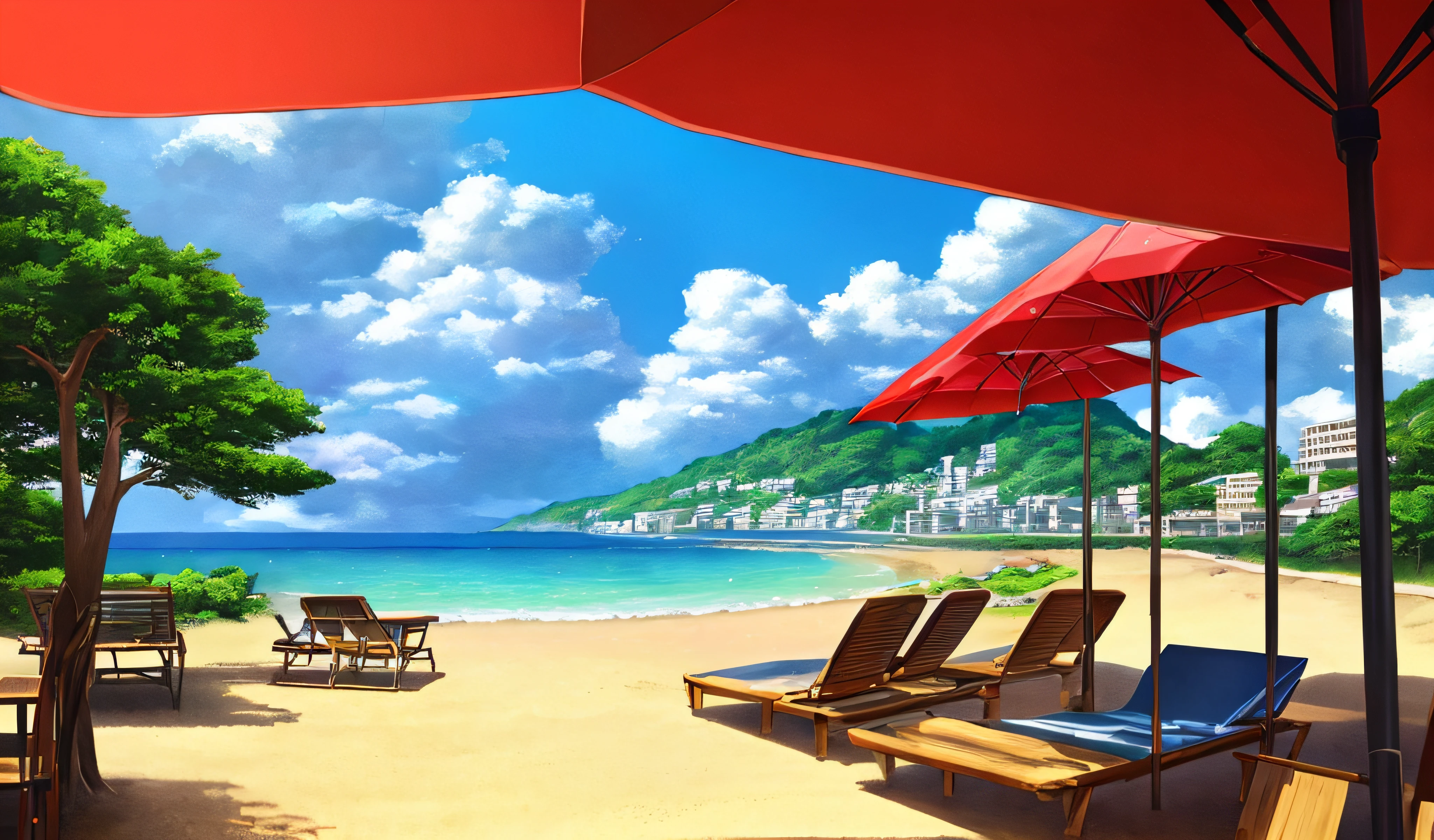 beautiful anime scenery,author:Shinkai sincerely ,City, Beach , Summer , Umbrella , Sky , Day, , Sun , Breeze