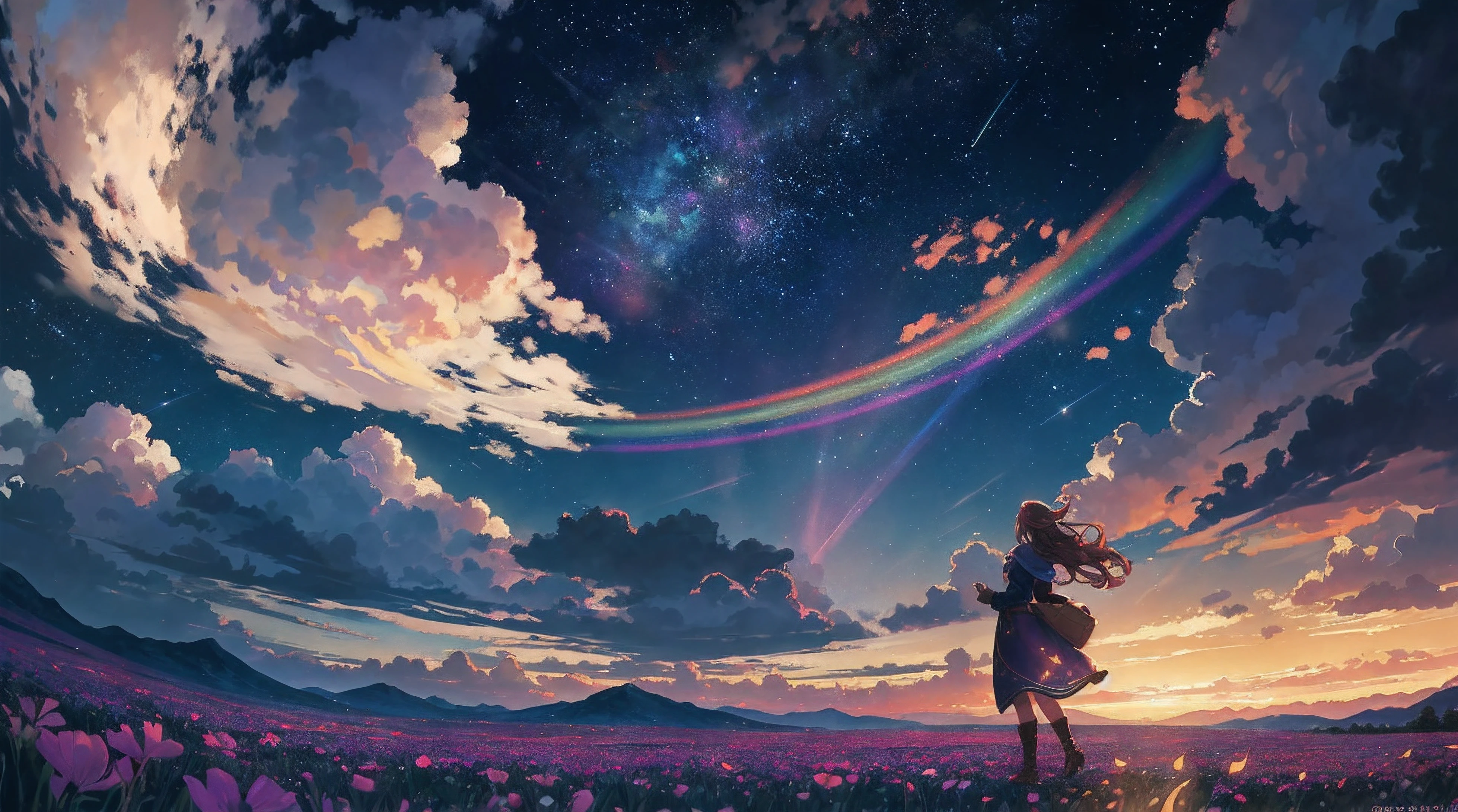 A wide landscape photo, (viewed from below, the sky is above, and the open field is below), a girl standing on a flower field looking up, (full moon: 1.2), (meteor: 0.9), (nebula: 1.3), distant mountains , Trees BREAK Crafting Art, (Warm Light: 1.2), (Firefly: 1.2), Lights, Lots of Purple and Orange, Intricate Details, Volumetric Lighting BREAK (Masterpiece: 1.2), (Best Quality), 4k, Ultra Detailed, (Dynamic Composition: 1.4), Rich in Detail and Color, (Rainbow Color: 1.2), (Glow, Atmospheric Lighting), Dreamy, Magical, (Solo: 1.2)