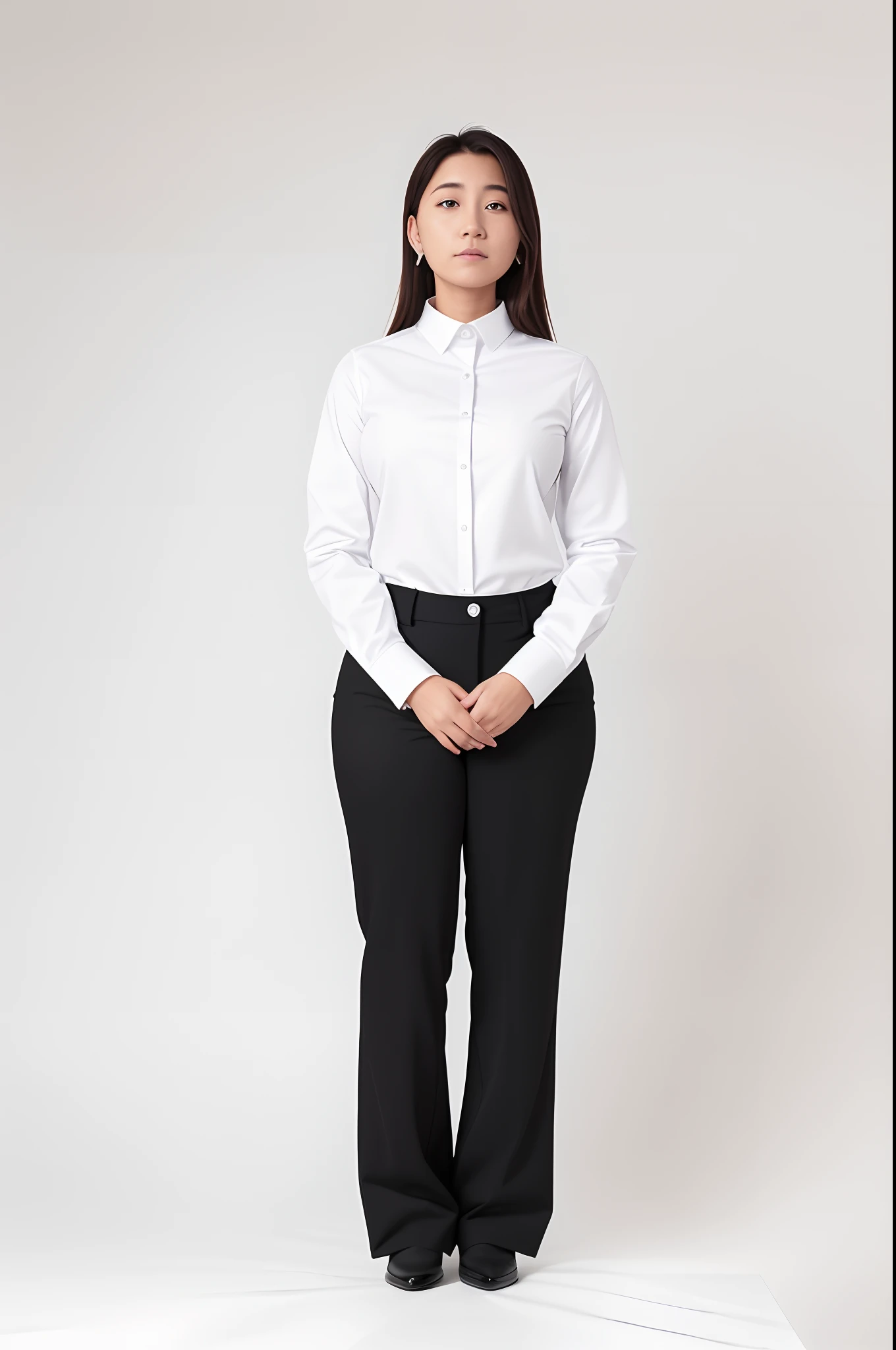 arafed woman in a white shirt and black pants standing with her hands in her pockets, office clothes, centre image, collared shirt, basic, wearing a blouse, wearing a white button up shirt, wearing a white shirt, wearing white shirt, business attire, in white turtleneck shirt, business clothes, work clothes, 3/4 front view, monika