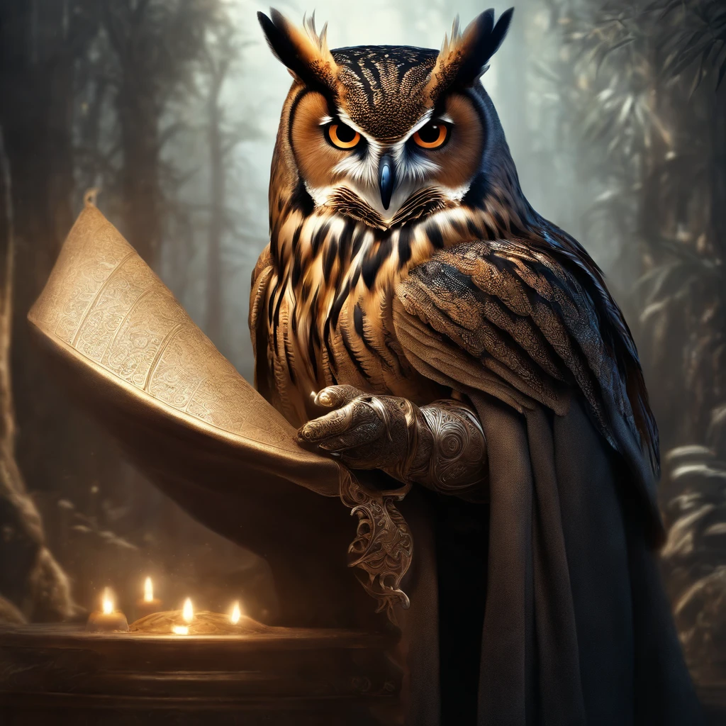 art by cameron gray
luis royo, Charlie Bowater
"Ancient wise owl holding a scroll on its talons, mdjrny-v4 style, hypermaximalist, insanely detailed and intricate, octane render, unreal engine, 8k,
ultra highly detailed, detailed
digital painting, highly detailed, intricated, intricated pose, clarity, high quality