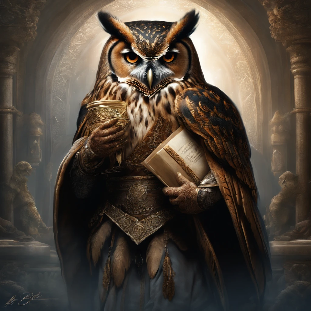 art by   cameron gray
luis royo, Charlie Bowater 

"Ancient wise owl holding a scroll on its talons, mdjrny-v4 style, hypermaximalist, insanely detailed and intricate, octane render, unreal engine, 8k,

ultra highly detailed, detailed 
digital painting, highly detailed, intricated, intricated pose, clarity, high quality