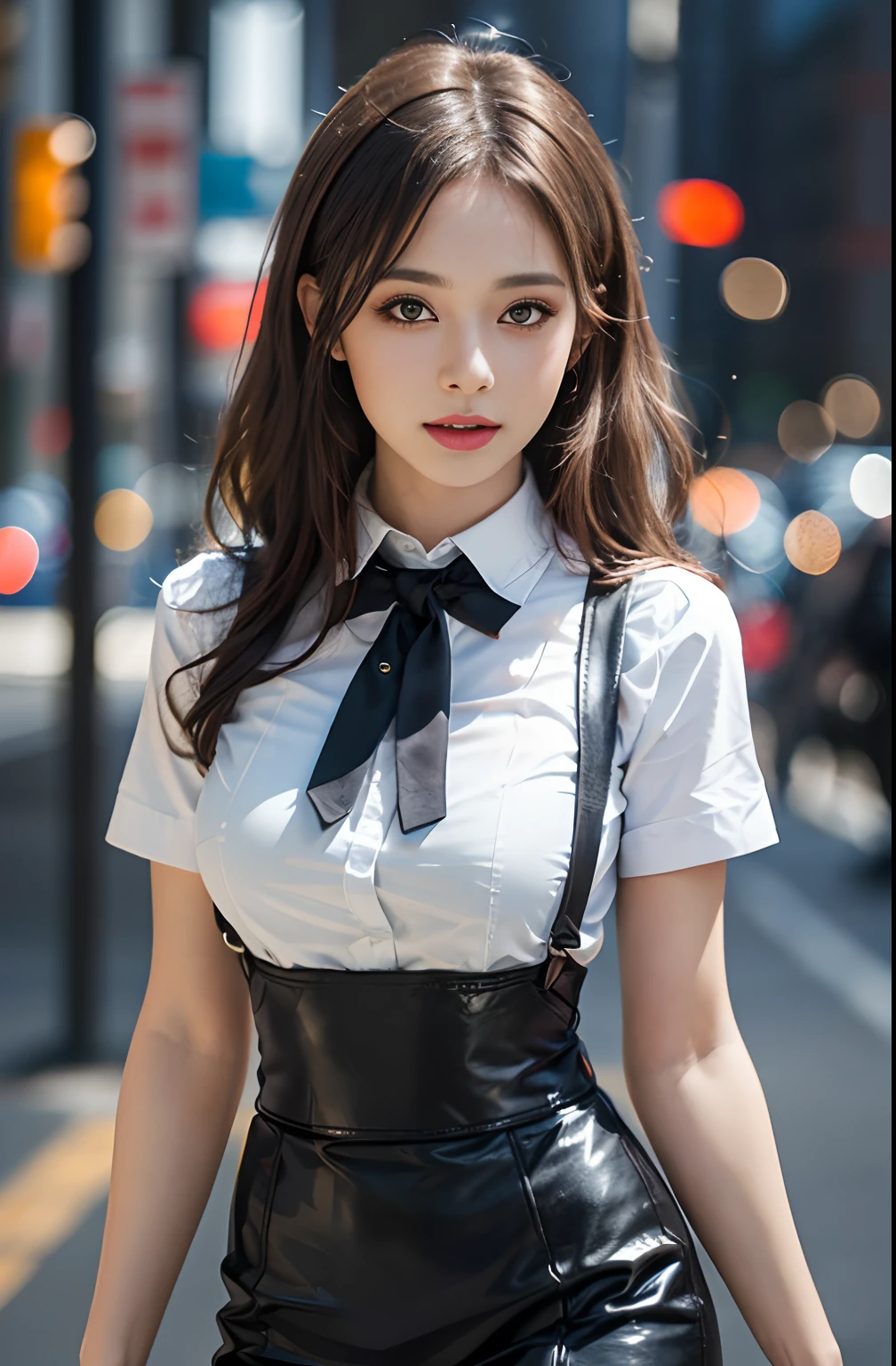 best quality, masterpiece, 1 girl, beautiful face, (photo photo:1.3), edge lighting, (high detail skin:1.2), 8k ultra hd, dslr camera, high quality, high resolution, 4k, 8k, bokeh, ridiculous, best ratio four fingers and one thumb, (realistic:1.3), cute 1girl, wearing black suspenders, medium breasts, short skirt,