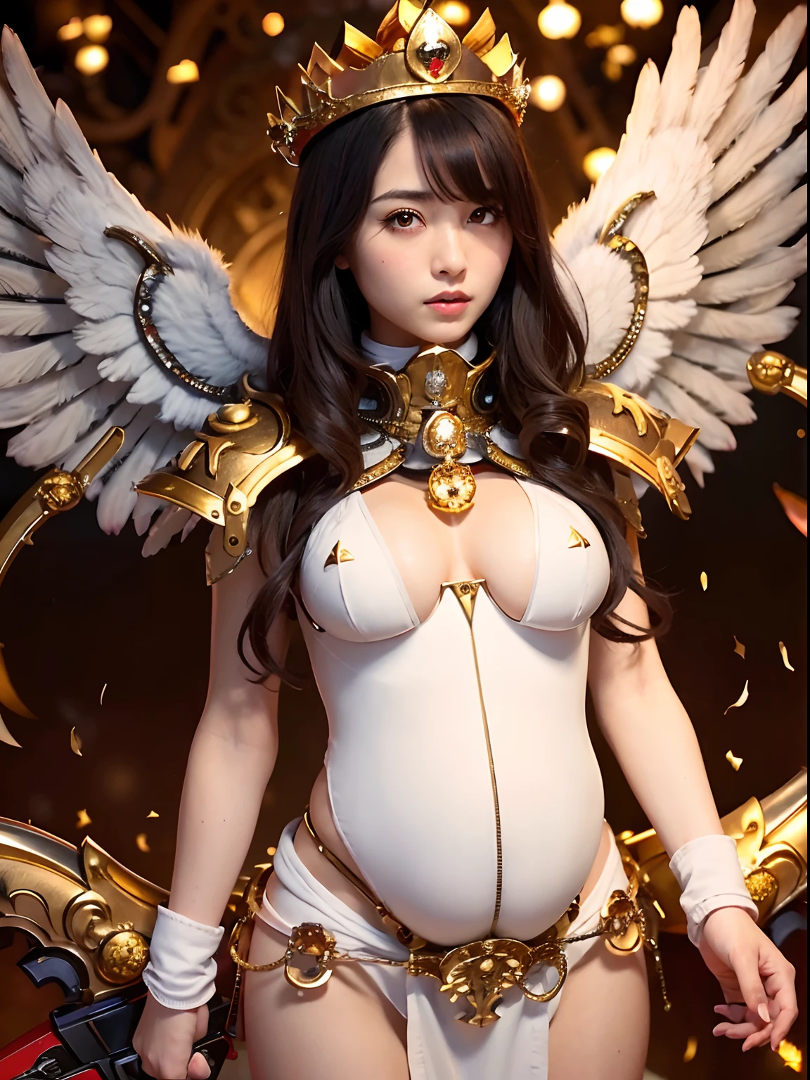 （Pregnant）、Professional , ​masterpiece、top-quality、photos realistic , depth of fields 、(A dark-haired) 、（Gemstone White Metal Body:1.4),(Matte White、（Angel wings grow）、Jewel Gold Weapon（Jewel Metal Body:1.４),Gorgeous metal weapons ,（（ Detailed and gorgeous sword of the brave）） ,Light Effects、intense fighting、Wind-effect、magic circles、 (A dark-haired)  ,warhammer 40k ,Detail and ornate jewel crown、（（Micro Bikini Armor））、（（Gangle's forest background））、Beautiful Caucasian beauty、１a person、dynamic ungle,(((Detailed and ornate diamond crown)))、Smaller head、A smile、Background inside the castle、Thin and beautiful female hands、cleavage of the breast、Soldier in iron armor on background、Mystical expression、Light Effects、intense fighting、Wind-effect、magic circles、With the legendary magic wand、（wings of light）、Toostock、Anatomically correct body、