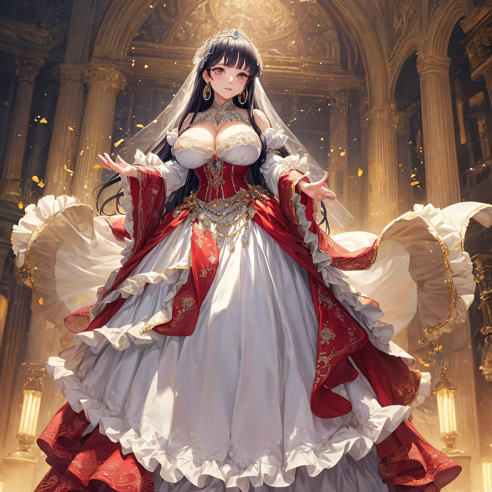 (masterpiece, best quality,extremely detailed,moe anime art style:1.1),1girl, ((solo)), cute, kawaii,digital art,((1 bling-bling anime princess wearing beautiful embroidery and jeweled ruffled gorgeous princess ballgown with voluminous full length hoop skirt)),((crinoline)),long train,voluminous frills,(gorgeous embroidery and beautiful lace),(very gigantic boobs,cleavage,skindentation),((shiny hair,very long straight hair)),((finely detailed face and eyes)),clear pupil,extremely gorgeousfull hair ornament,(bling-bling jeweled extremely gorgeousfull tiara),((bling-bling gorgeous gemstone jewelry)),long veil,((beautiful background,fantasy)),flowers,flower petals flowing,full body,(looking away),((beautiful embroidery and jeweled ruffled gorgeous princess ballgown with voluminous full length hoop skirt))
