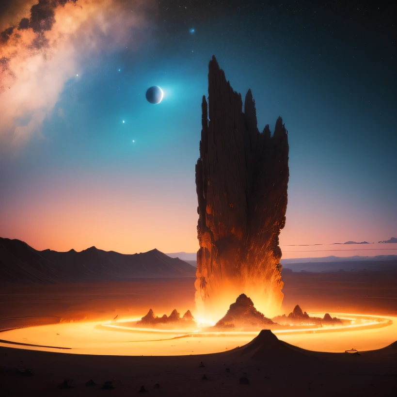 Alien base (Very detailed) In the mountainous desert,There are several exhaust fans and chimneys, Some spotlights come out of the base to illuminate dark places, (Extreme nights), Some clouds in the night sky, Some of the surrounding planets provide air to unknown planets,The farthest giant volcano is erupting