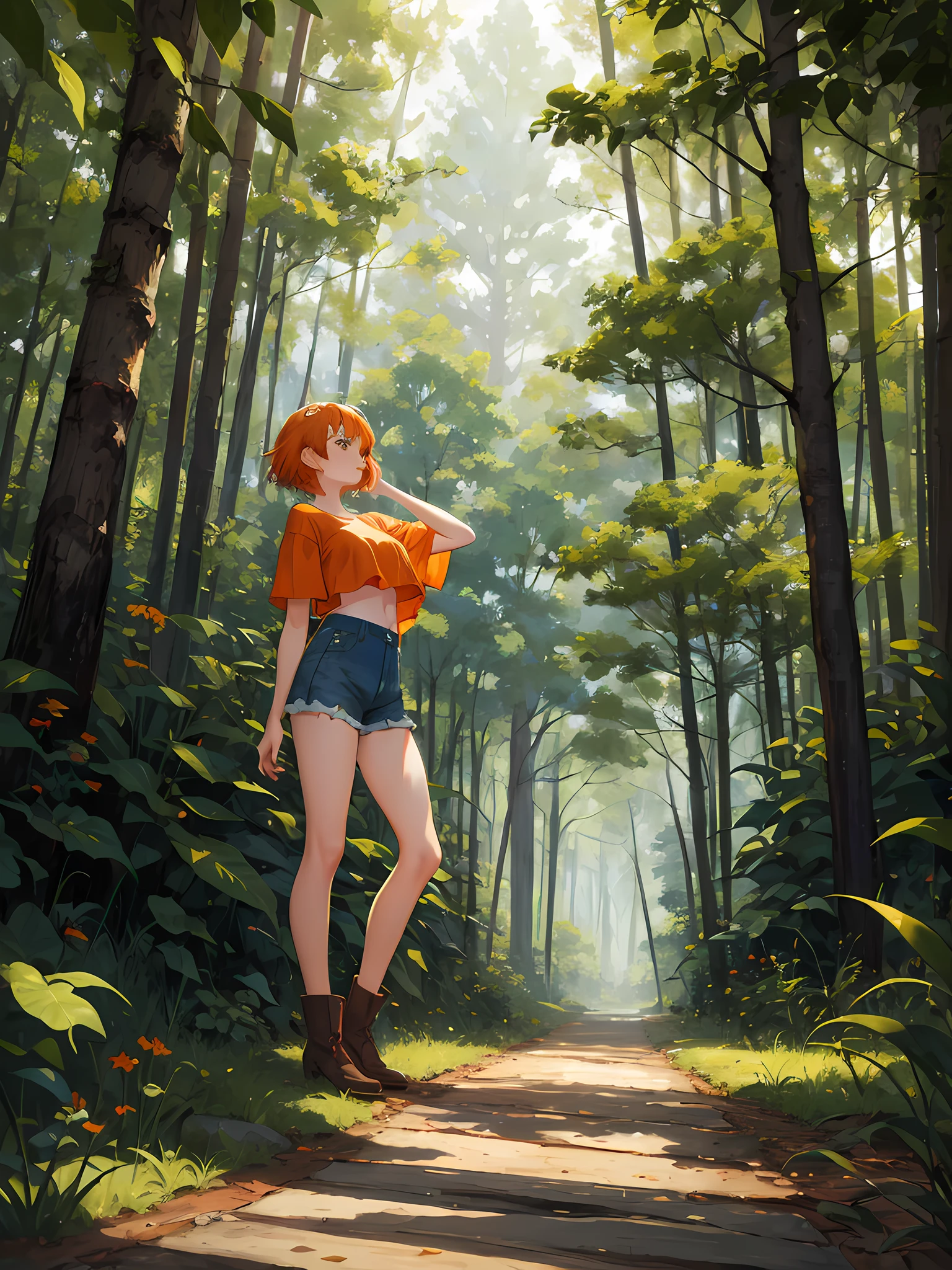 poster artwork, masterpiece, 1girl, short orange hair, greenish top, blue denim shorts, brown boots, forest in the background, ambient light, soft light, richfull color