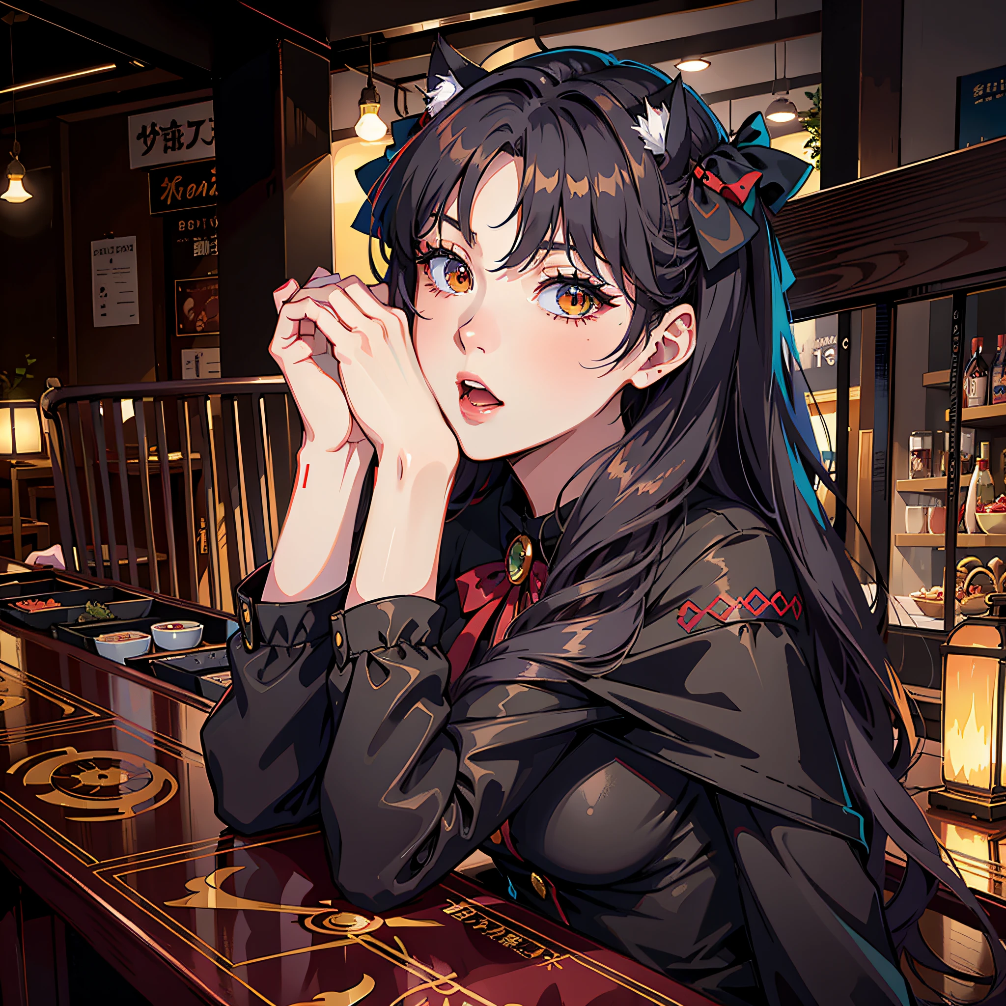 there is a woman with long hair sitting at a table, rin tohsaka, ulzzang, ruan cute vtuber, anime thai girl, ig model | artgerm, anime girl in real life, very beautiful cute catgirl, lalisa manobal, rena nounen style 3/4, anime girl cosplay, girl with cat