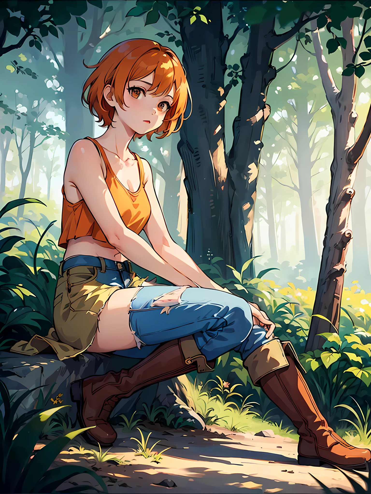 poster artwork, masterpiece, 1girl, short orange hair, greenish top, blue denim shorts, brown boots, forest in the background, ambient light, soft light, richfull color