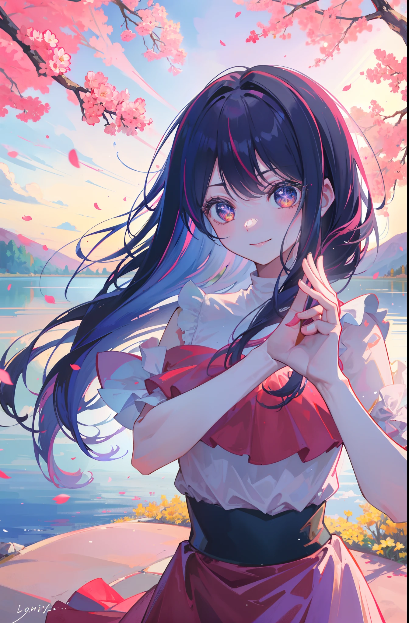 (Best quality,,8K,A high resolution,tmasterpiece:1.2),Photorealsitic, Koi, the cherry trees, sunraise、the sunset, Light and shadow interlace, Soft sunshine, Delicate brushstrokes, Lifelike flowers, Clear texture, detailed outfits, Bright colors, Depth of field effect, Harmonious composition, Beautiful gesture, Enchanting dance, Soften edges, posing elegantly, Velvety sheen, Brilliant and colorful colors, Delicate facial expressions, Colorful air particles,Secluded background music。petty face,Toothy smile,The interpupillary distance is small,Love gestures