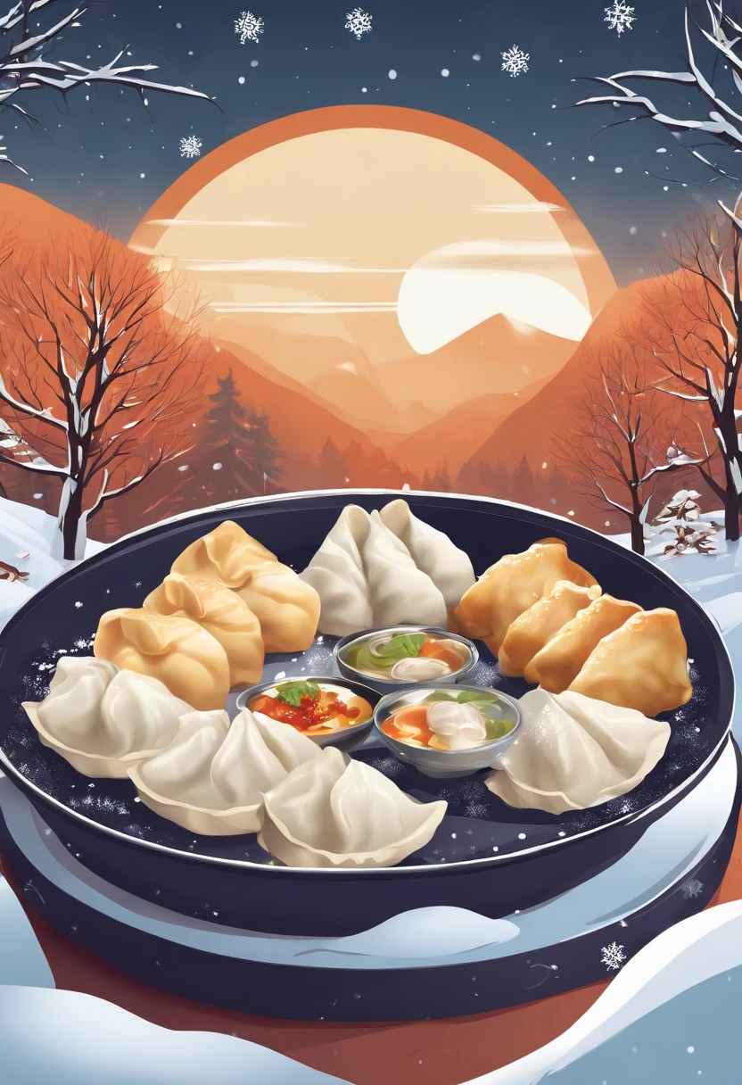 Flat illustration style，Winter solar terms，Eat dumplings in the snow，Non-realistic，Business posters