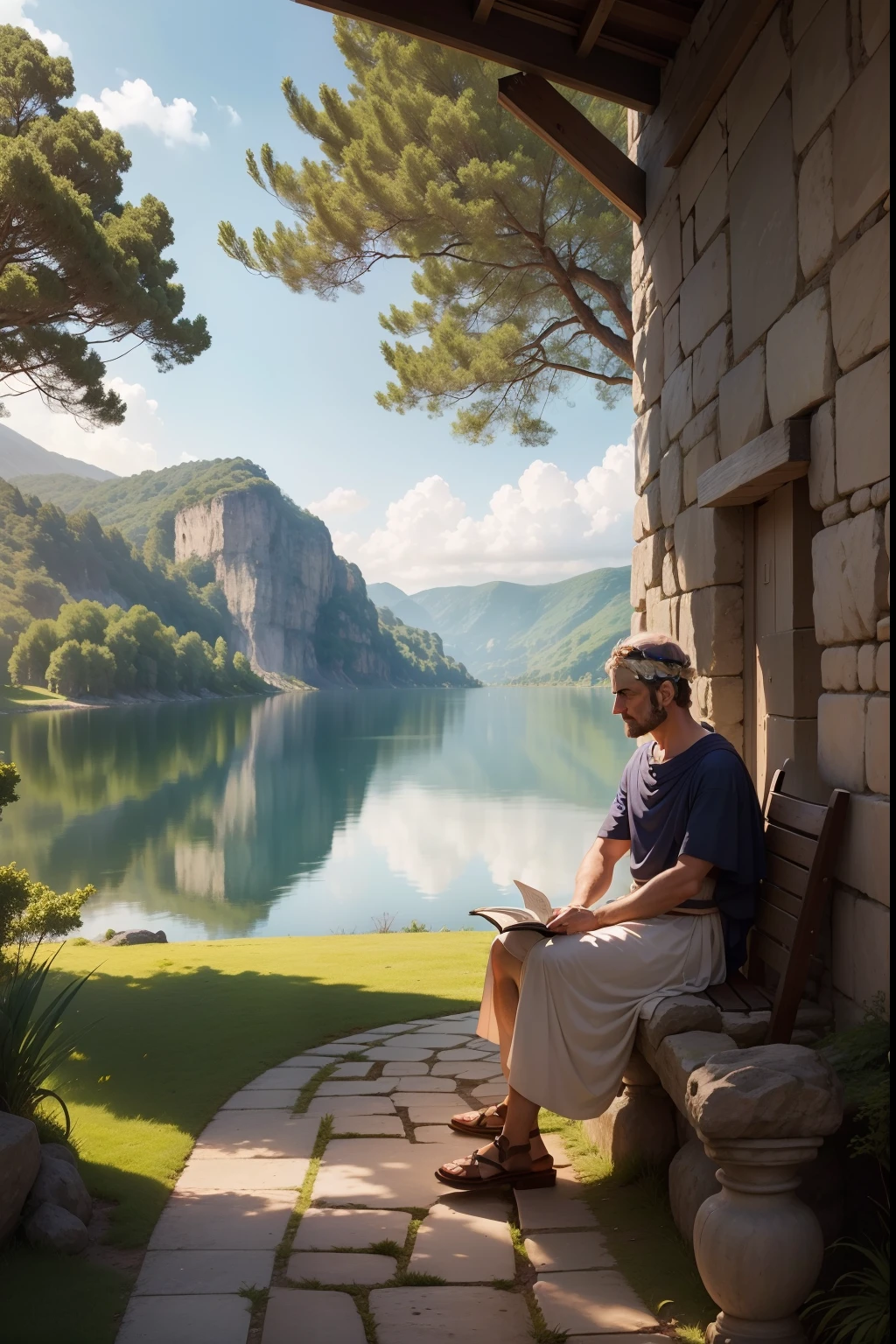 Seneca refrained from thinking beside a serene lake in ancient Greece. Capture the essence of intellectual pursuit and contemplation. Create an image that brings to life the tranquil scenery of the ancient Greek landscape, focusing on Aristotle's deep thought. Use rich details and vibrant colors to portray the idyllic scene, Onde a sabedoria encontra a natureza. Let the viewer feel the intellectual curiosity and erudite ambience as Aristotle delves into the lakeside world of knowledge in ancient Greece.