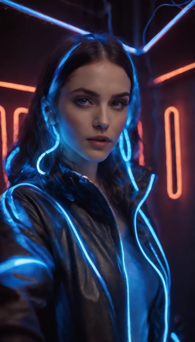 (Mulher espanhola adulta:1.1), looking-into-camera, (jaqueta neon azul com rebites:1.3), (moda rave:1.5), (grande cabelo preto desgrenhado:1.3), (open zipper:1.2), (Erotic:1.3), Seios aparecendo, (sexy:1.3), (coberto com polivinil preto:1.5), (glowing neon lights:1.7), (sprinkler wires hanging from an opening in the ceiling:1.7), best quality, .RAW, master part, foto super fina, best quality, super high resolution, realismo fotorrealista, sunlight, retrato de corpo inteiro, rosto delicado, olhos vibrantes, Rosto detalhado, fundo das estrelas, gorgeous, pele altamente detalhada, Detalhes realistas da pele, visible pores, foco nítido, alta qualidade, Foto realism, visto de baixo, translucent, (voluptuoso:.5), sensual, lascivo, dominante, (sexual:1.3), sexy, Romantic, alta qualidade, filmic grain, Cinematic light, side-lighting, Reflexo da lente, ray tracing, Rosto detalhado, fundo detalhado de estrelas complexas, Detalhes realistas da pele, visible pores, foco nítido, volumetric fog, luz superexposta, pop e cores vibrantes, extremamente colorido, cores muito vibrantes, colorido!!!, Evil. cores vibrantes. fofo, muito colorido, muito colorido, Fotografia de Moda, bold psychedelic colors, super colorido