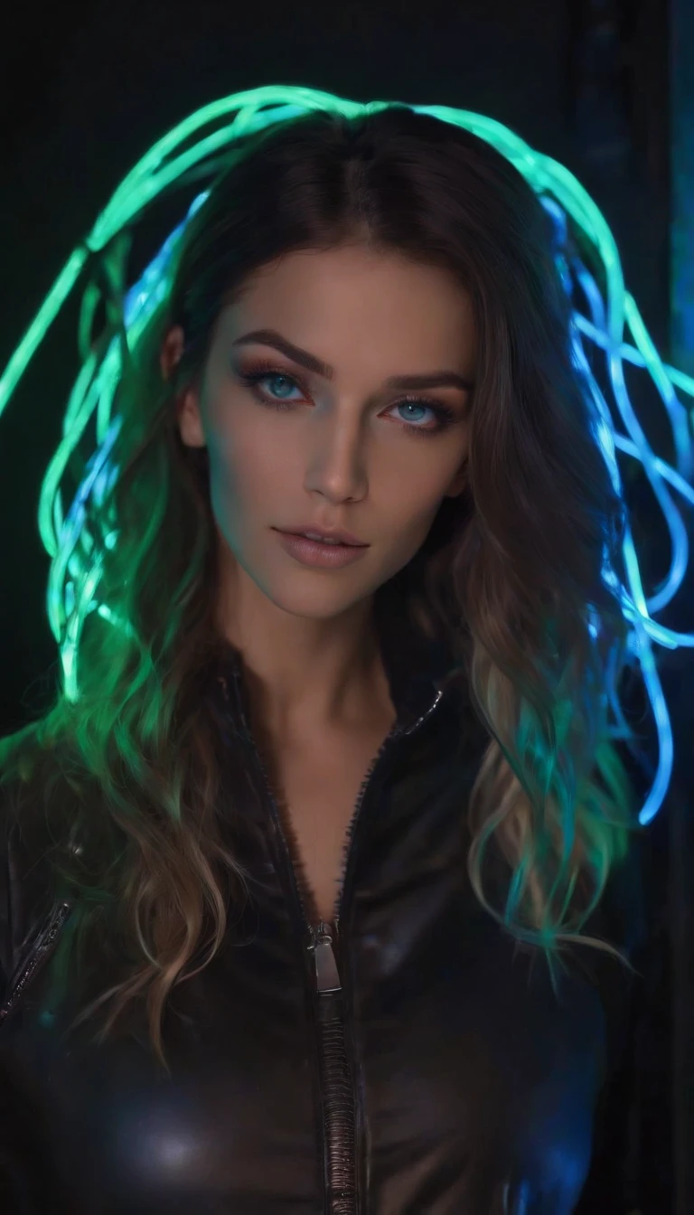 (Mulher espanhola adulta:1.1), looking-into-camera, (jaqueta neon azul com rebites:1.3), (moda rave:1.5), (grande cabelo preto desgrenhado:1.3), (open zipper:1.2), (Erotic:1.3), Seios aparecendo, (sexy:1.3), (coberto com polivinil preto:1.5), (glowing neon lights:1.7), (sprinkler wires hanging from an opening in the ceiling:1.7), best quality, .RAW, master part, foto super fina, best quality, super high resolution, realismo fotorrealista, sunlight, retrato de corpo inteiro, rosto delicado, olhos vibrantes, Rosto detalhado, fundo das estrelas, gorgeous, pele altamente detalhada, Detalhes realistas da pele, visible pores, foco nítido, alta qualidade, Foto realism, visto de baixo, translucent, (voluptuoso:.5), sensual, lascivo, dominante, (sexual:1.3), sexy, Romantic, alta qualidade, filmic grain, Cinematic light, side-lighting, Reflexo da lente, ray tracing, Rosto detalhado, fundo detalhado de estrelas complexas, Detalhes realistas da pele, visible pores, foco nítido, volumetric fog, luz superexposta, pop e cores vibrantes, extremamente colorido, cores muito vibrantes, colorido!!!, Evil. cores vibrantes. fofo, muito colorido, muito colorido, Fotografia de Moda, bold psychedelic colors, super colorido
