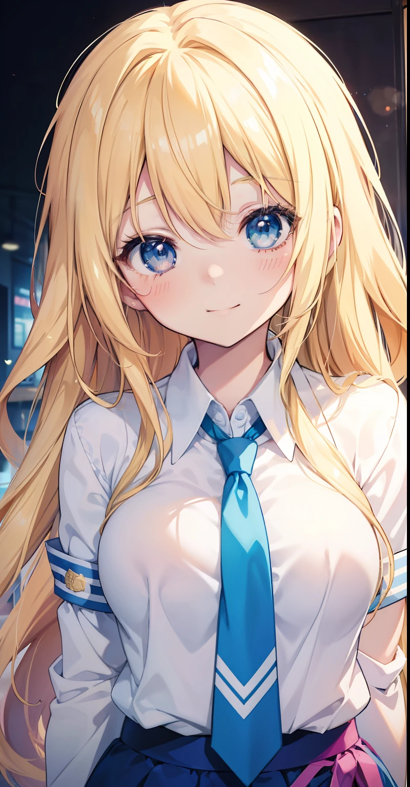 Anime girl with long blonde hair and blue tie in a white shirt, cute girl anime look, blonde anime girl with long hair, cheerful smile, pretty high school anime girl, young woman anime look, extremely cute girl face anime, best girl anime, Anime girl named Lucy, sly smile, Shiina Ringo anime portrait