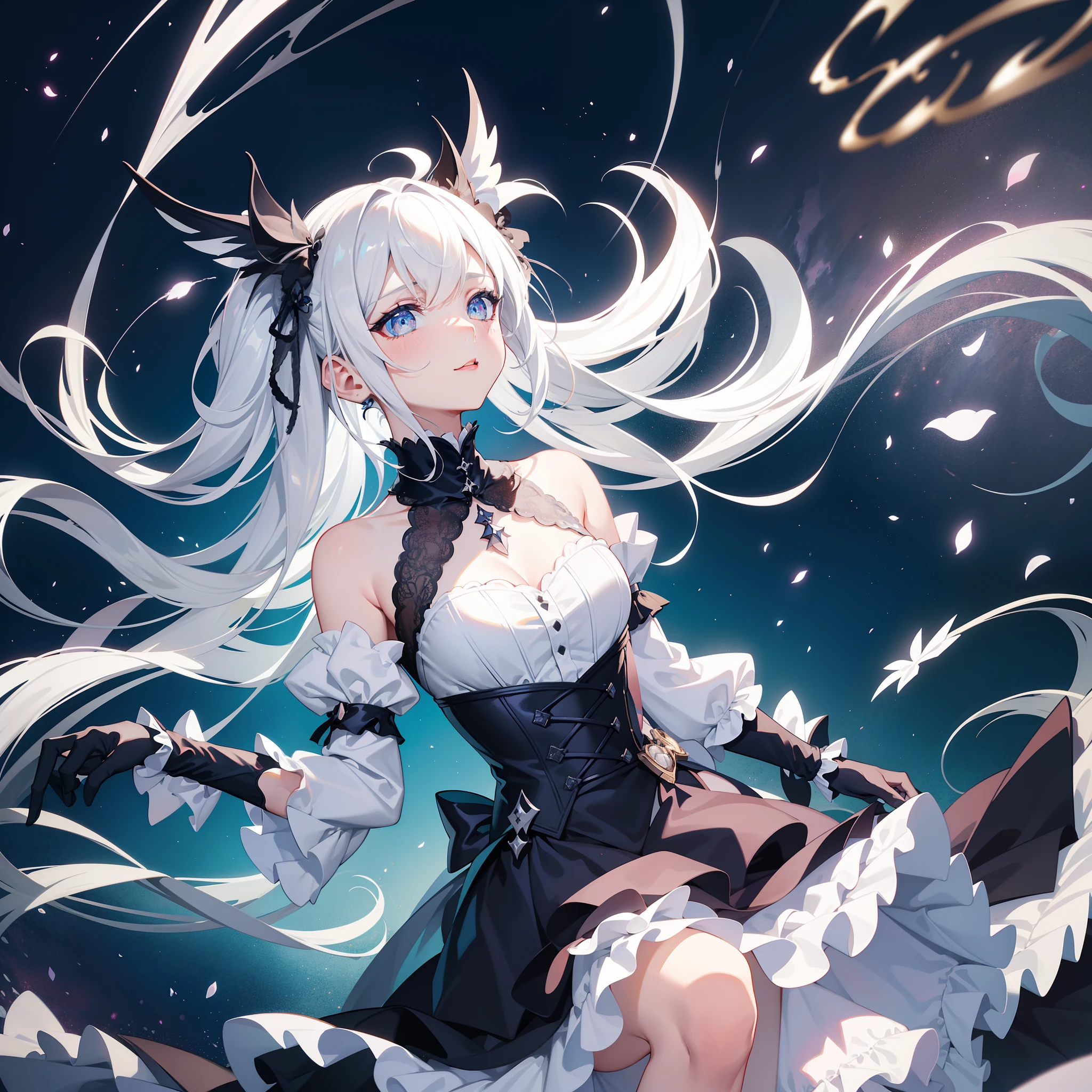 (1girll),Gothic,double tails,White hair, Organza lace,Gorgeous and fussy clothes,Gothic, Flying, Blue, (Colorful), Bold strokes, Gradient blending, Motion blur, Sparkling textures, Dynamic composition, Atmospheric perspective, impressionistic, , (Masterpiece), (Best quality), Amazing, (Beautiful detailed eyes), (finedetail), Depth of field, Extremely detailed CG, Original, extremelydetailedwallpaper, (Vivid colors), Cinematic lighting,  (Colorful), Blush,