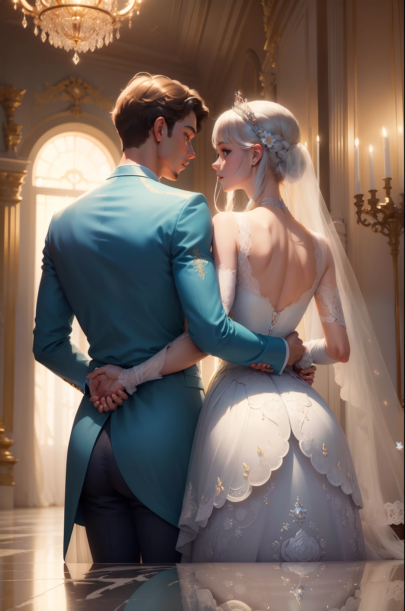 (((masterpiece))), (((best quality))), ((ultra-detailed)), (illustration), (detailed light), ((an extremely delicate and beautiful)), A beautiful white couple looking ahead, a royal ball, waltzing, overlooking the audience, a marble floor, reflections, a flowing blue dress, their backs, upper bodies.