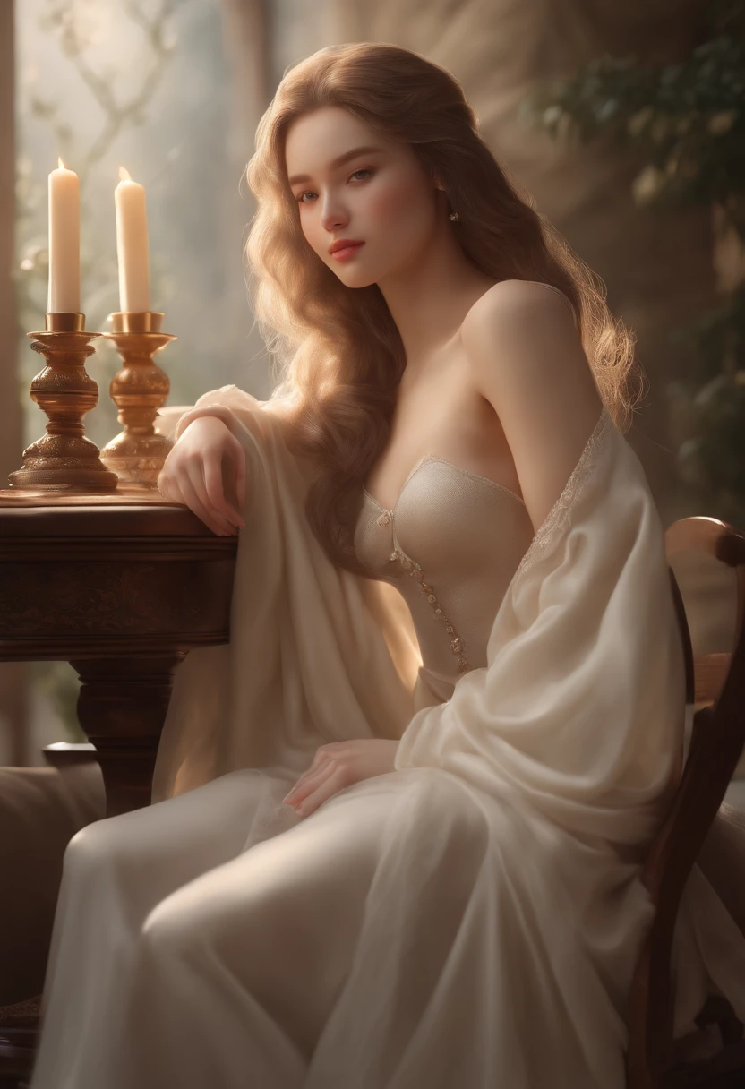 Nightingale, sit on chair, smiling at camera, Naked，Ice muscle jade bone, Loose collar buttons, Nipple bumps, Long loose hair, (Delicate illustrations: 1.4), (renaissance art: 1.4), (超高分辨率: 1.2), (Photorealism: 1.4), (8K, RAW photos: 1.2), (Soft focus: 1.4), ( 18 years old: 1.3), (Sharp focus: 1.4), beautiful  face，The attention to detail, Pure rose face_V1