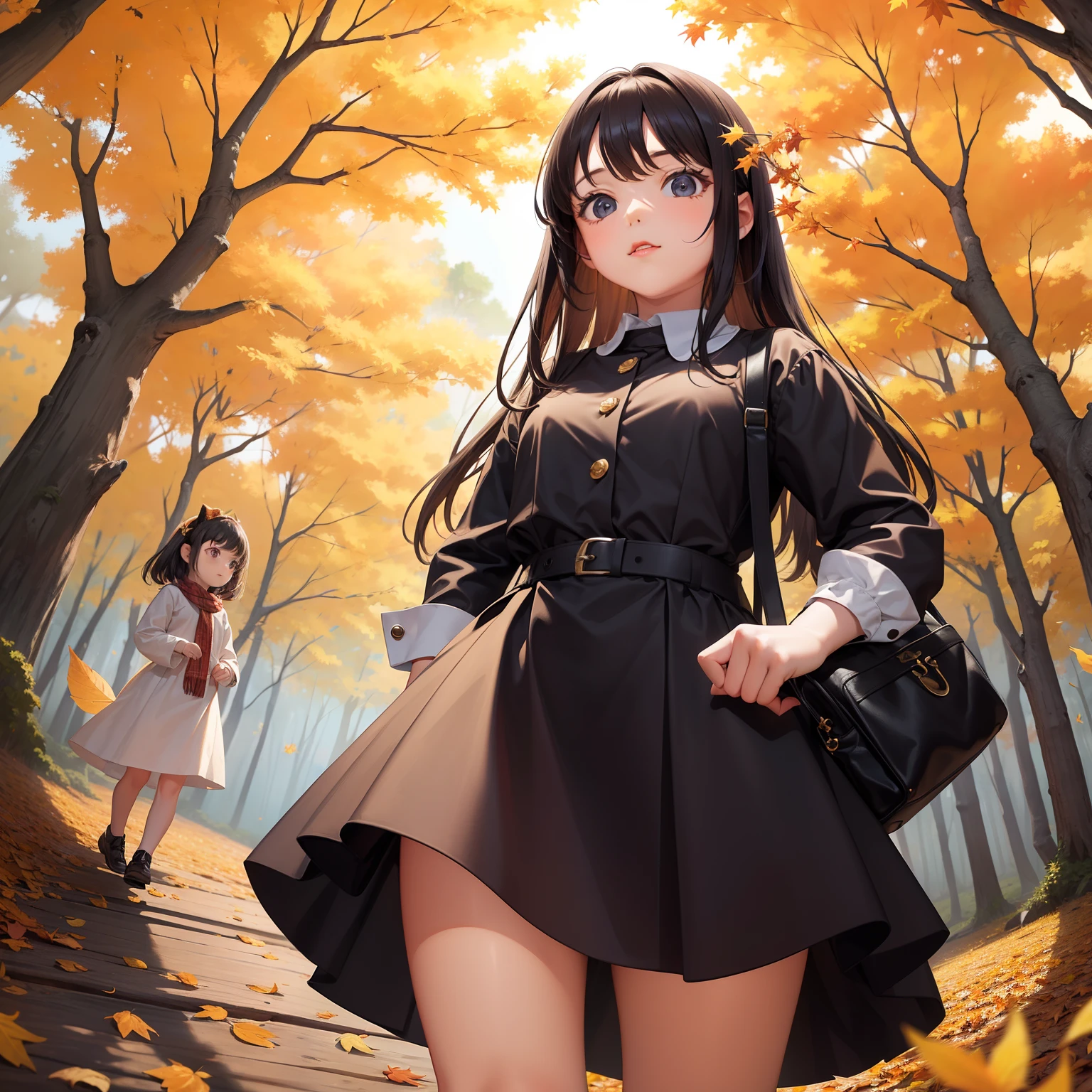 Cute little girl and puppy Bigger in the center Stroll through the forest of autumn leaves Fairy tale background Fantasia