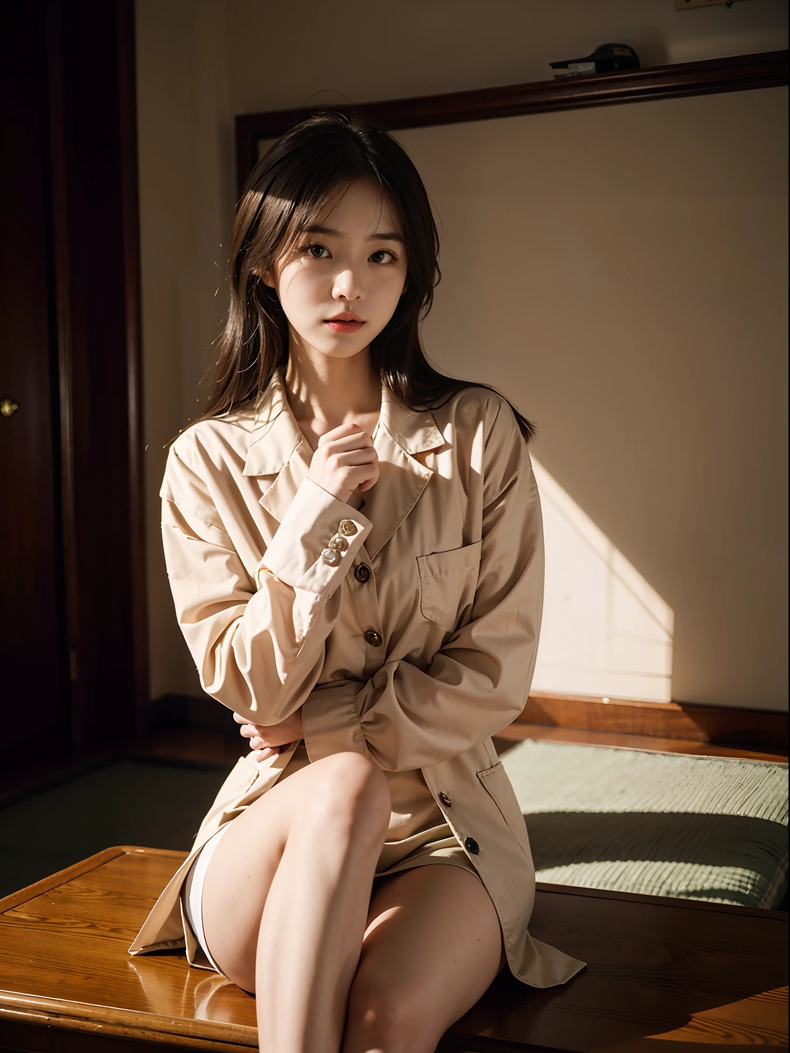 ulzang-6500-v1.1, (RAW photogr:1.2), (realisticlying:1.4),(In dimly lit interiors)(Only the thigh-up portion is shown) Beautiful Meticulous Girl, Very detailed eyes and face, beatiful detailed eyes, absurderes, Incredibly Ridiculous res(Round chest of small to medium size), hugefilesize, ultra - detailed, k hd, The is very detailed, best qualtiy, tmasterpiece, kemomimi, ((Japan Girls' High School Junior High School Uniform)), illustration, The is very detailed, CG, unified, 8k wallpaper, astounding, finedetail, tmasterpiece, best qualtiy, Highly detailed CG uniform 8k wallpaper, Face lighting,cinmatic lighting,1个Giant Breast Girl,20yr old,Some shyness,(Wear glasses that allow you to see the silhouette),(dynamicposes))),(camel-toe),(halfway),(Sit Pose)